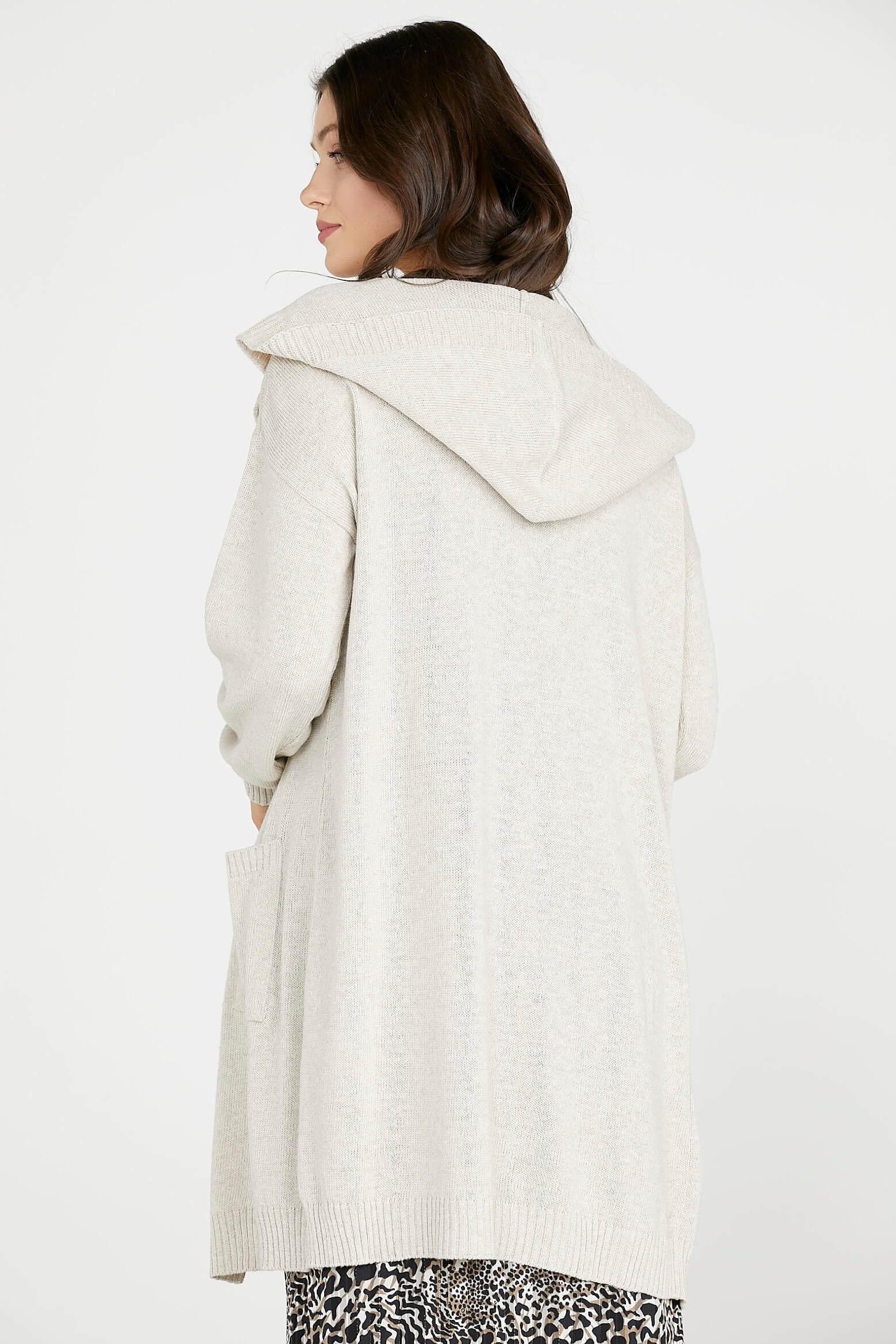 Kapüşonlu Uzun Triko Hırka - Açık Bej (5) Sementa