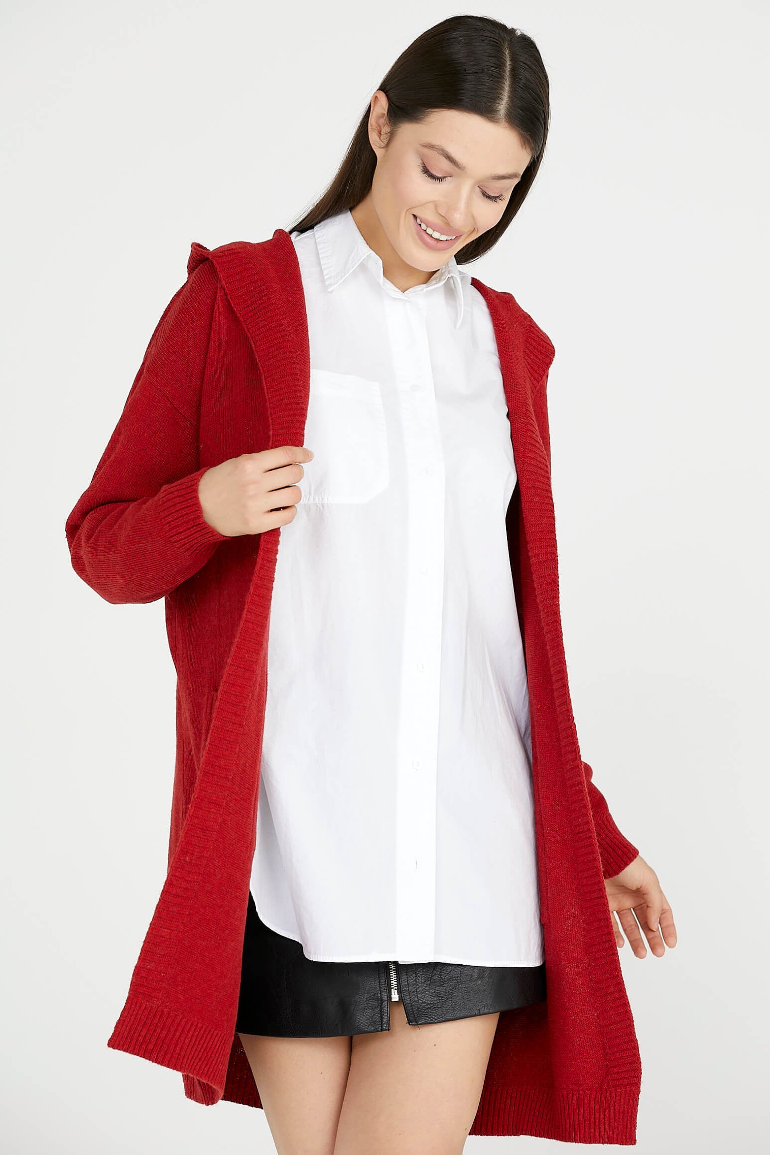 Kapüşonlu Uzun Triko Hırka - Kırmızı (3) Sementa