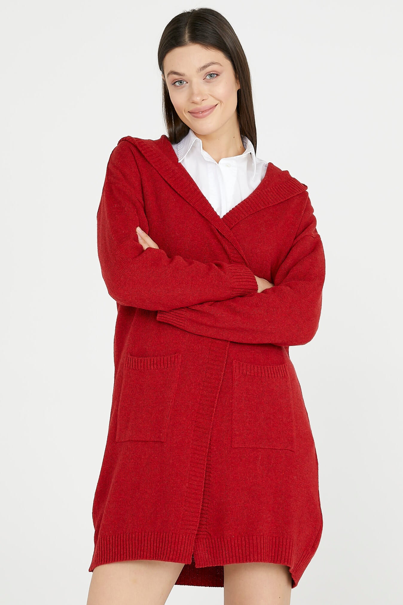 Kapüşonlu Uzun Triko Hırka - Kırmızı (4) Sementa