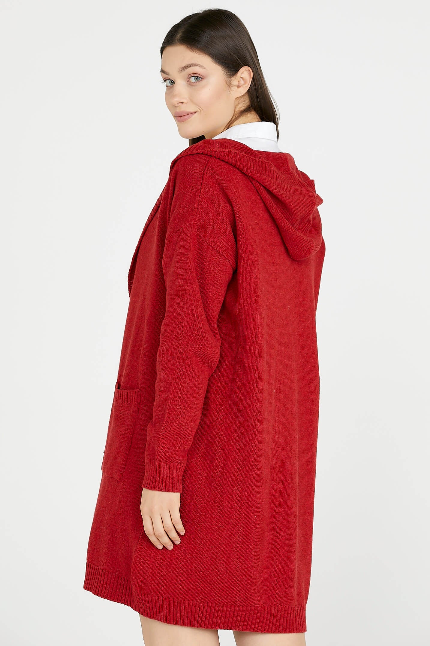 Kapüşonlu Uzun Triko Hırka - Kırmızı (5) Sementa