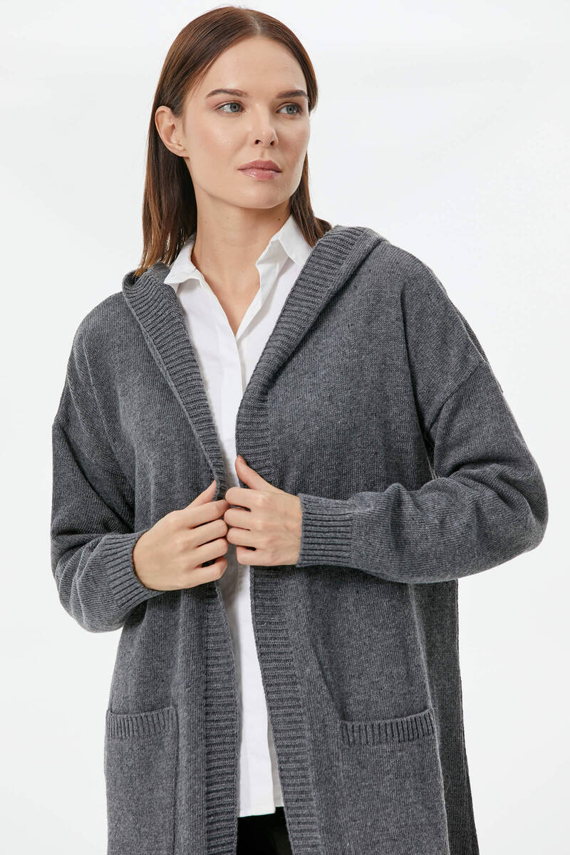 Kapüşonlu Uzun Triko Hırka - Koyu Gri (4) Sementa