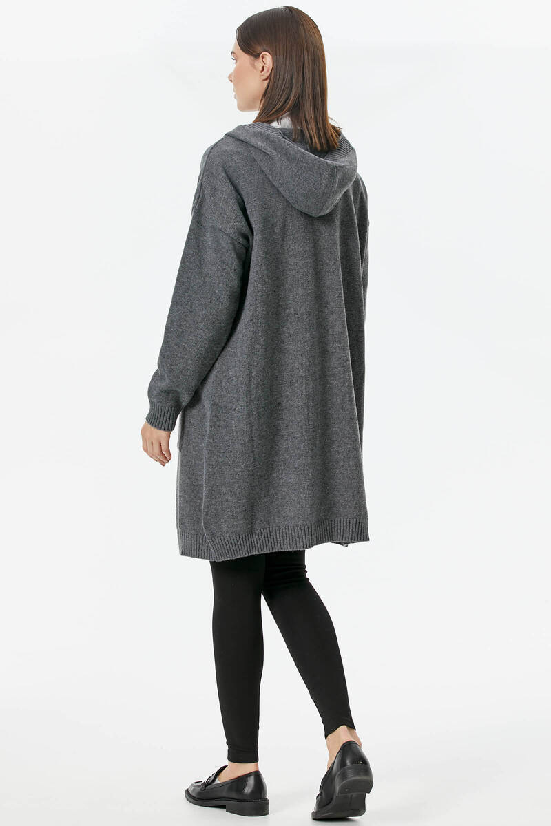 Kapüşonlu Uzun Triko Hırka - Koyu Gri (5) Sementa