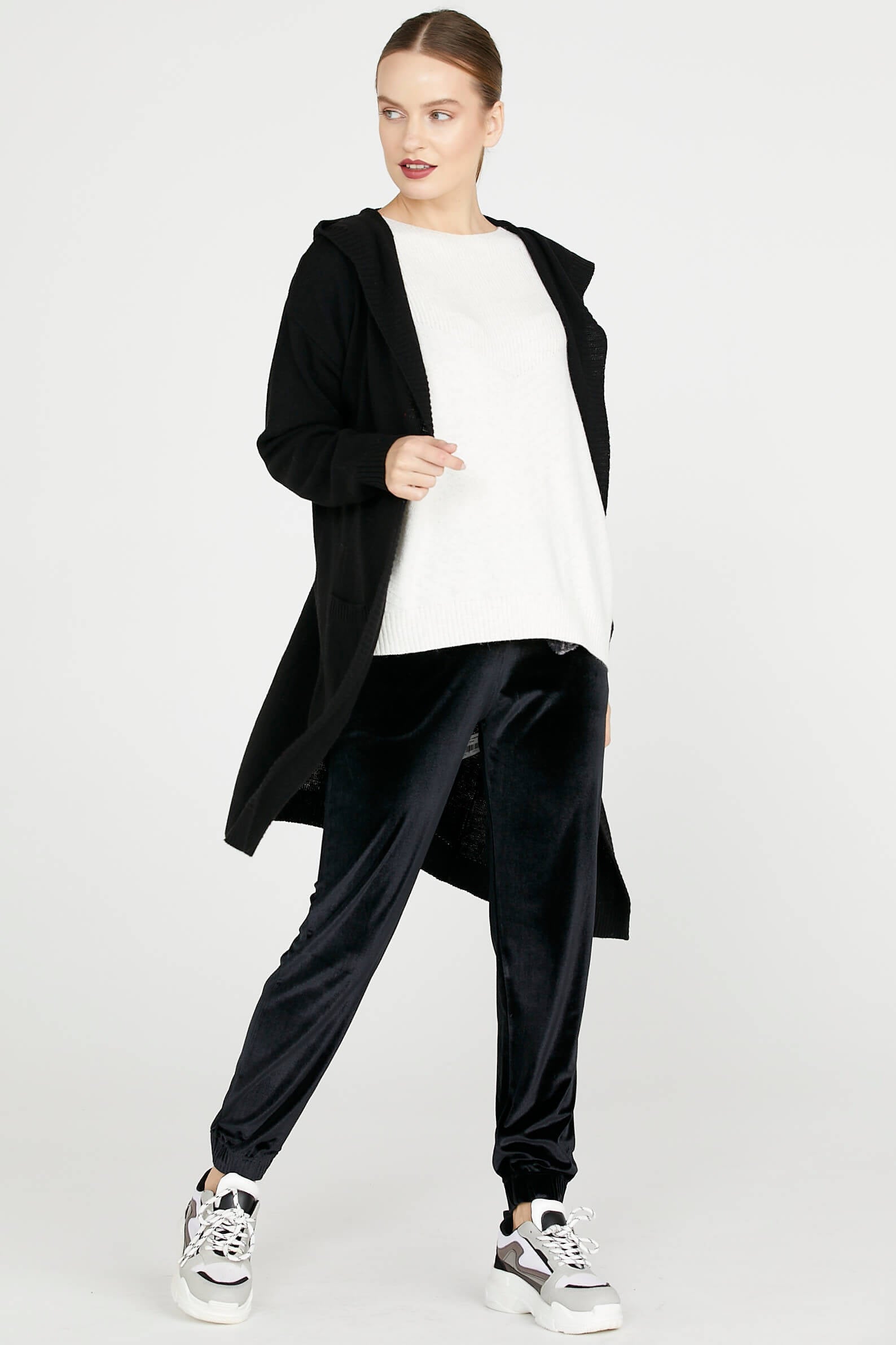 Kapüşonlu Uzun Triko Hırka - Siyah (3) Sementa