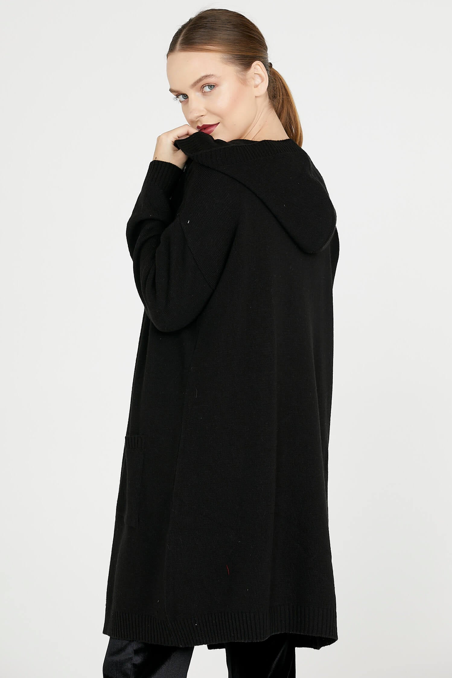 Kapüşonlu Uzun Triko Hırka - Siyah (4) Sementa