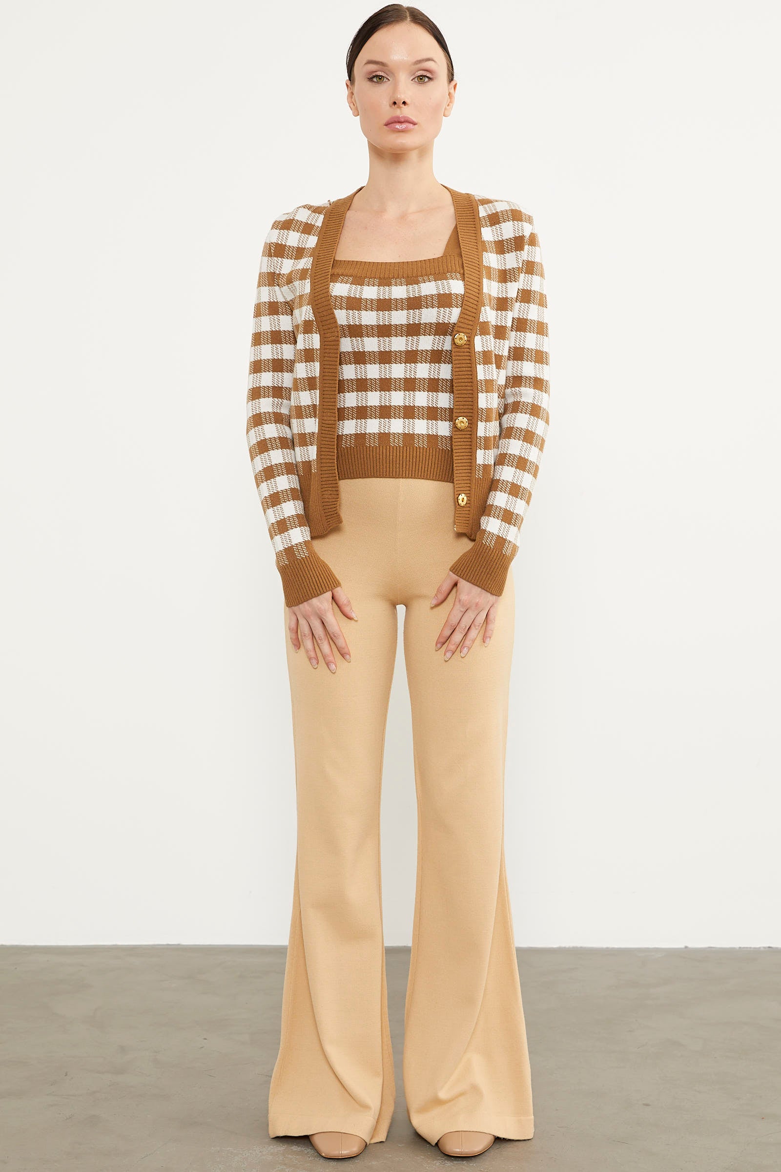 Kare Desen Bluz Hırka Triko Takım - Kamel (3) Sementa