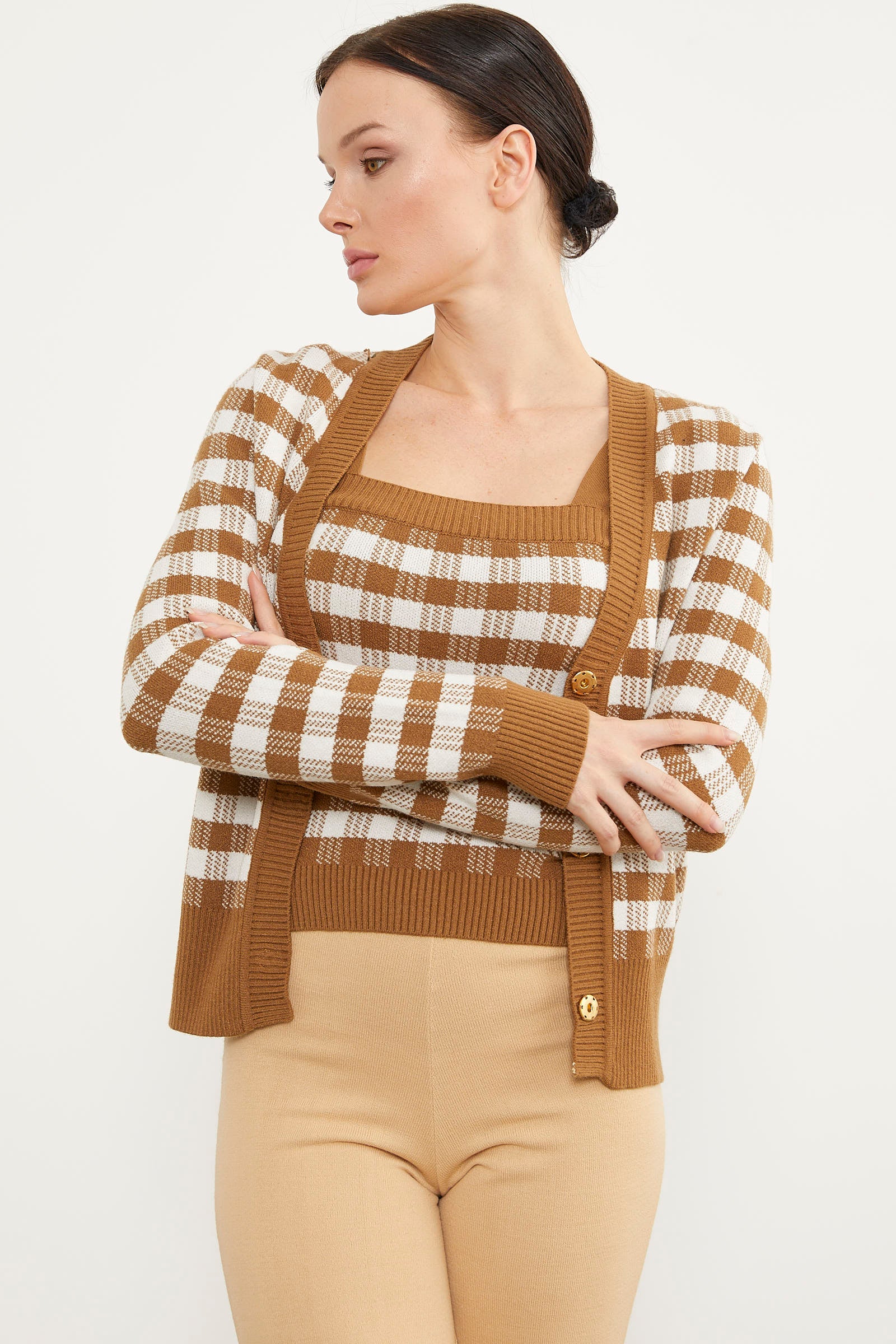 Kare Desen Bluz Hırka Triko Takım - Kamel (2) Sementa