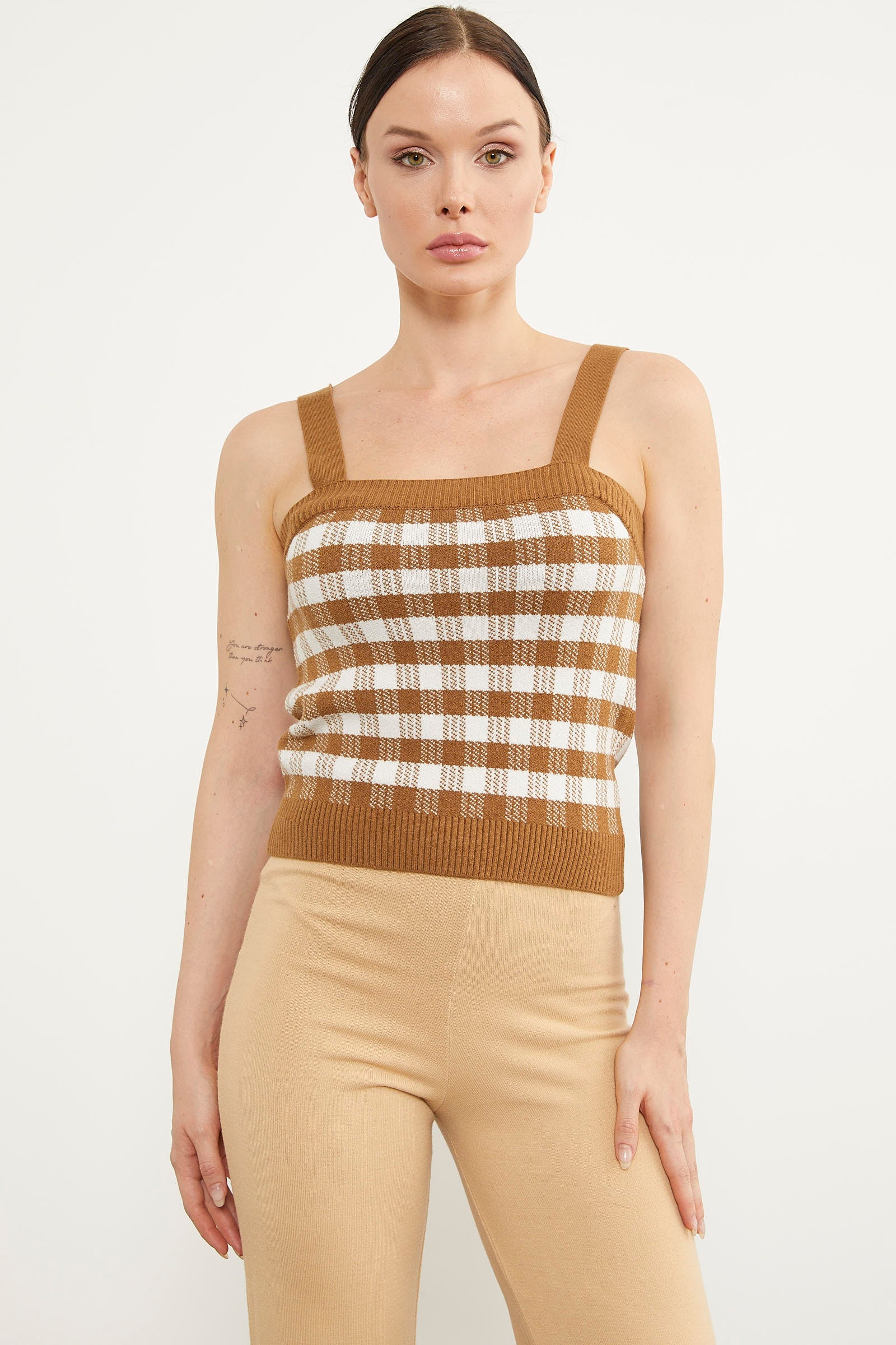 Kare Desen Bluz Hırka Triko Takım - Kamel (5) Sementa