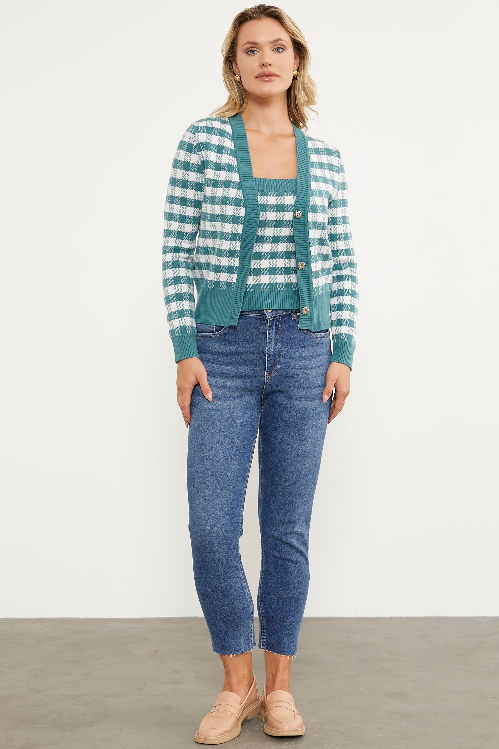 Kare Desen Bluz Hırka Triko Takım - Mint (2) Sementa