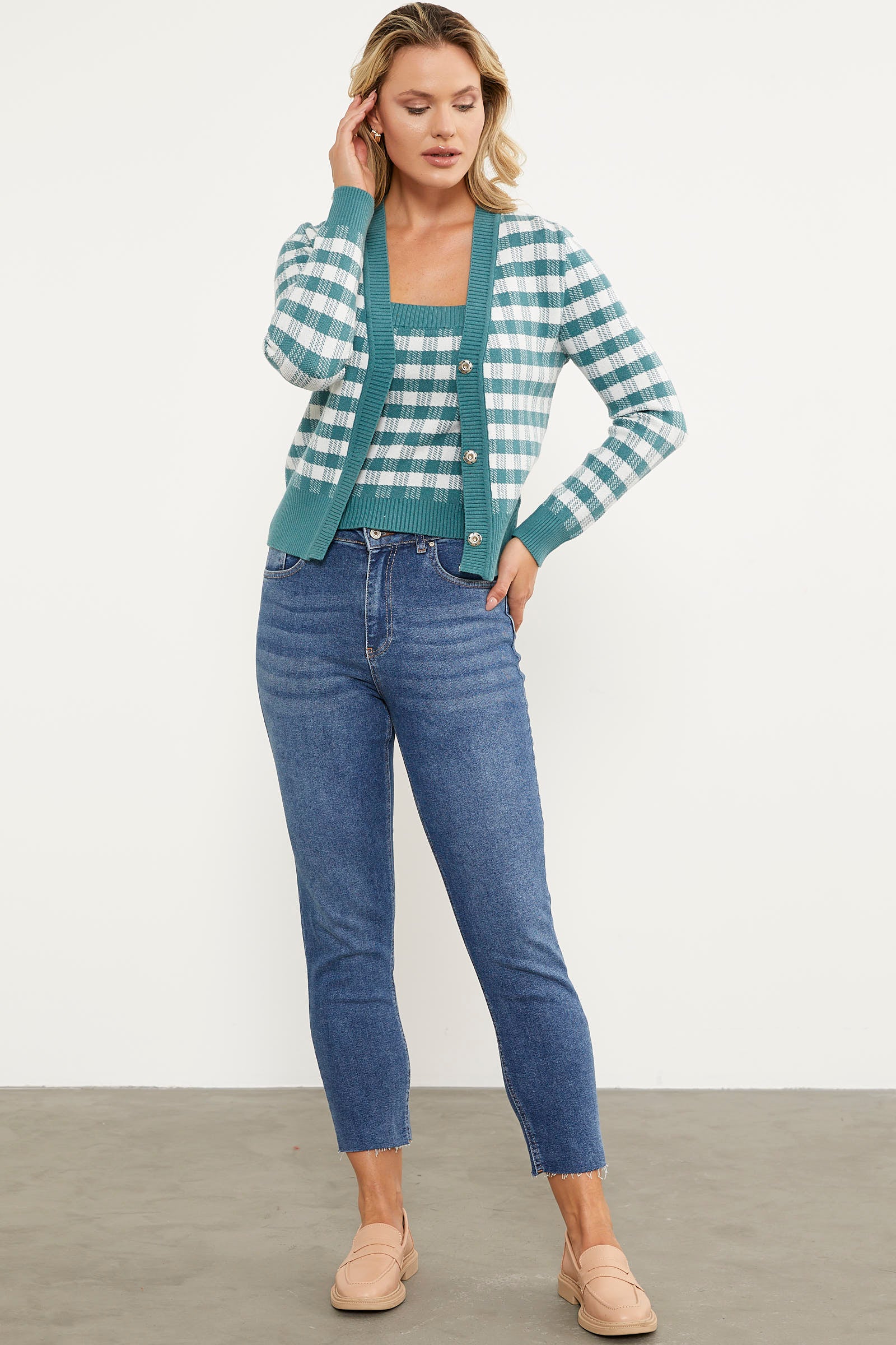 Kare Desen Bluz Hırka Triko Takım - Mint (4) Sementa