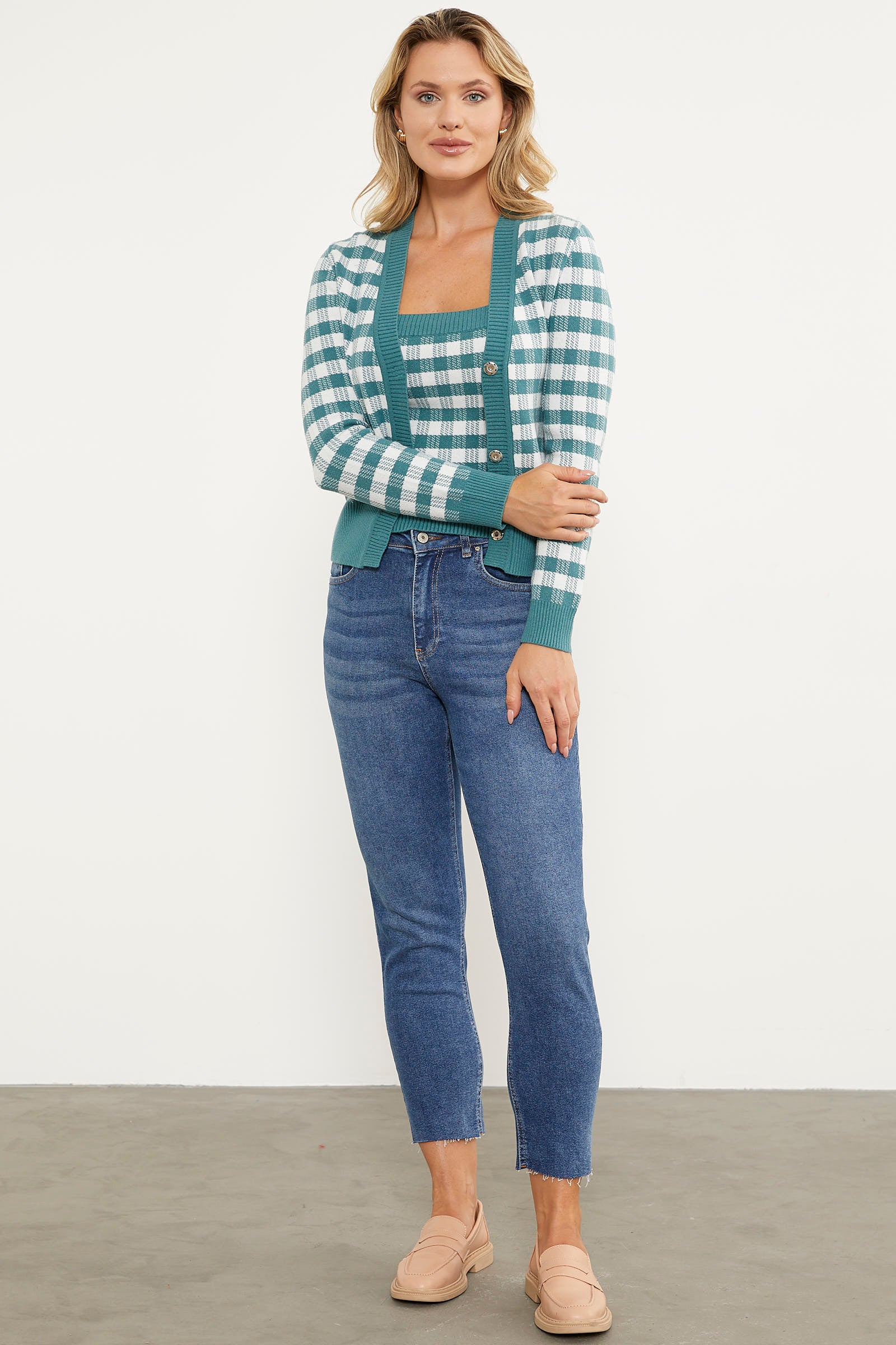 Kare Desen Bluz Hırka Triko Takım - Mint (6) Sementa