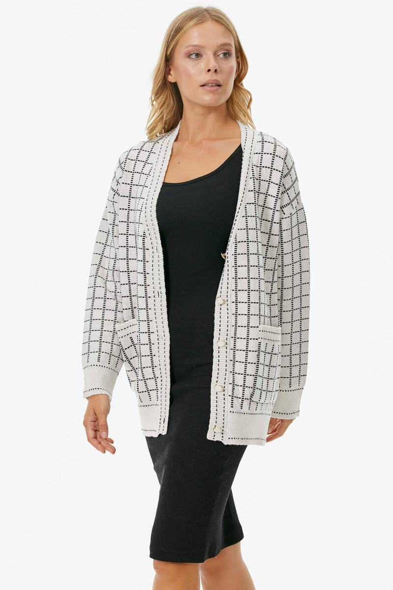 Kare Desenli Triko Hırka - Beyaz (3) Sementa