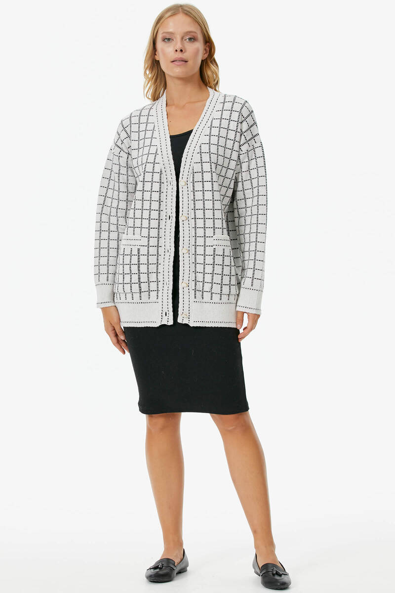 Kare Desenli Triko Hırka - Beyaz (4) Sementa