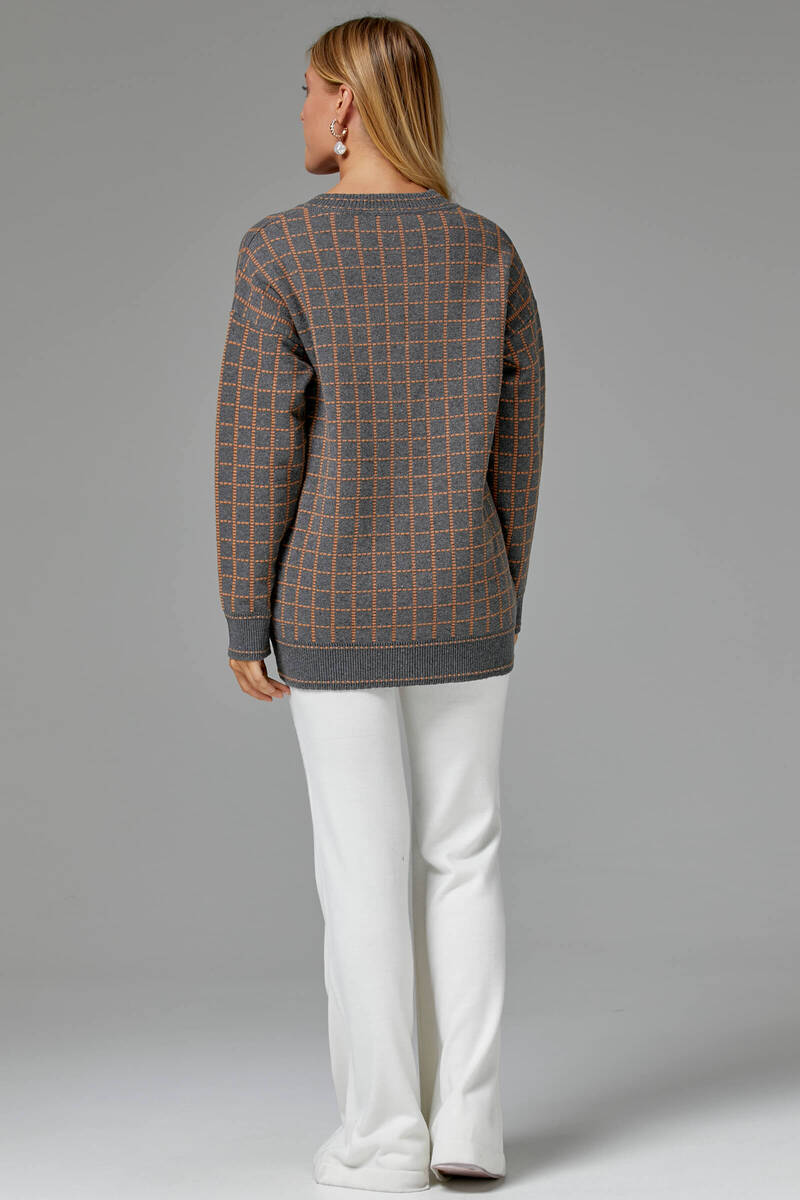 Kare Desenli Triko Hırka - Gri (4) Sementa