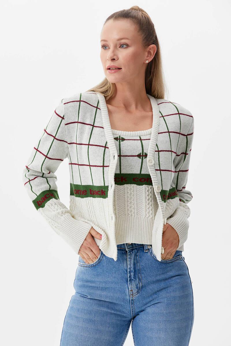 Kare Desenli Triko İkili Hırka Takım - Beyaz (3) Sementa