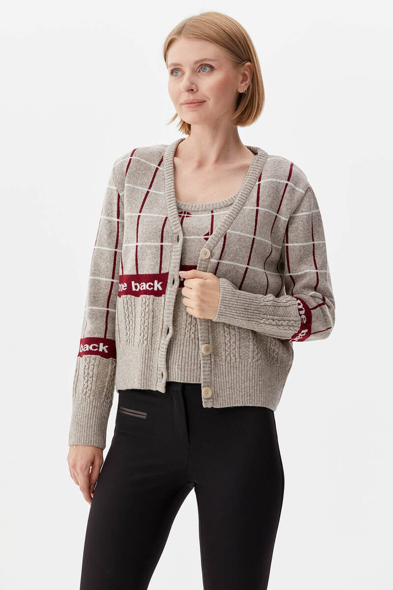 Kare Desenli Triko İkili Hırka Takım - Vizon (5) Sementa