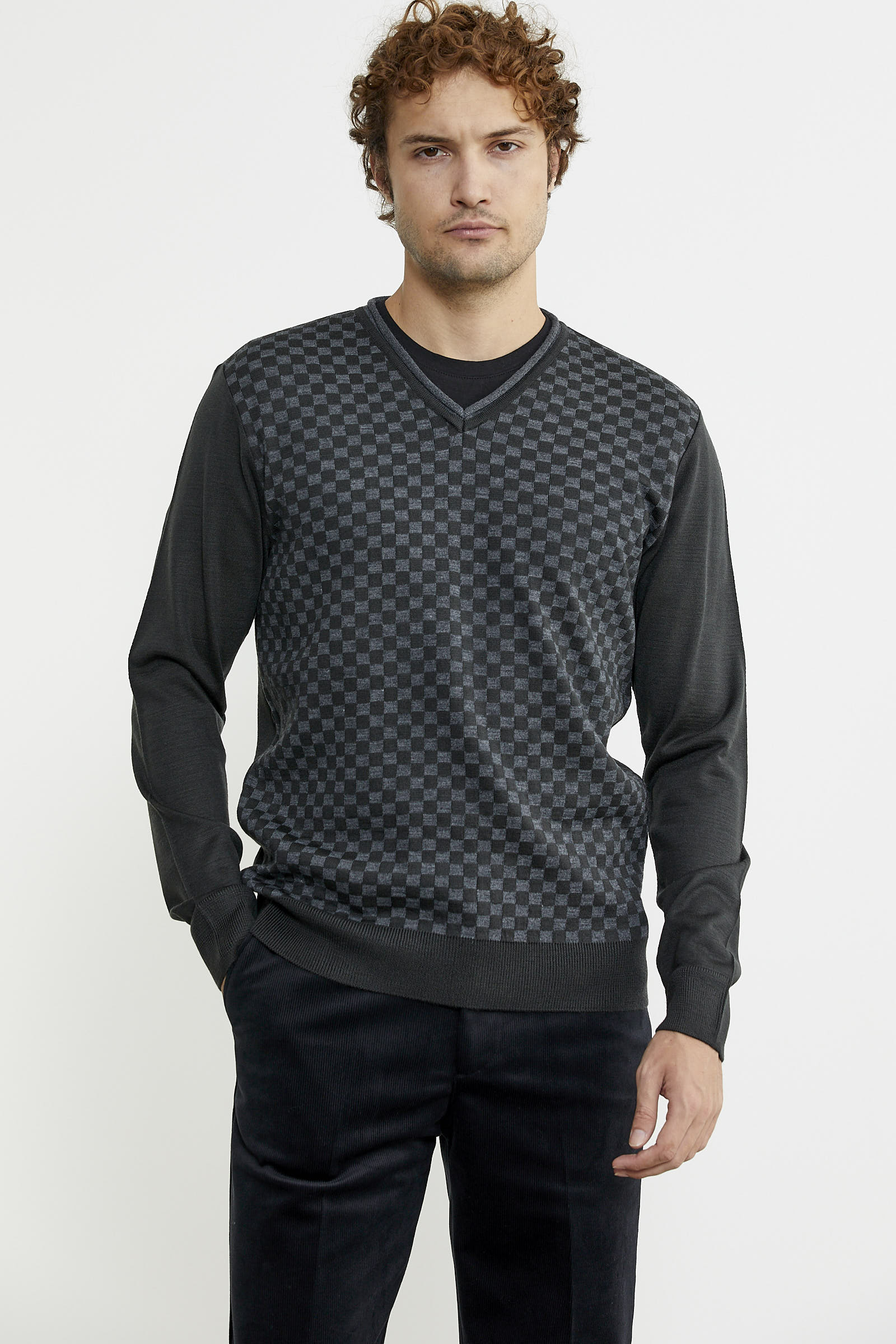 Kare Desenli Yünlü Jakarlı Triko Kazak - Antrasit - Sementa