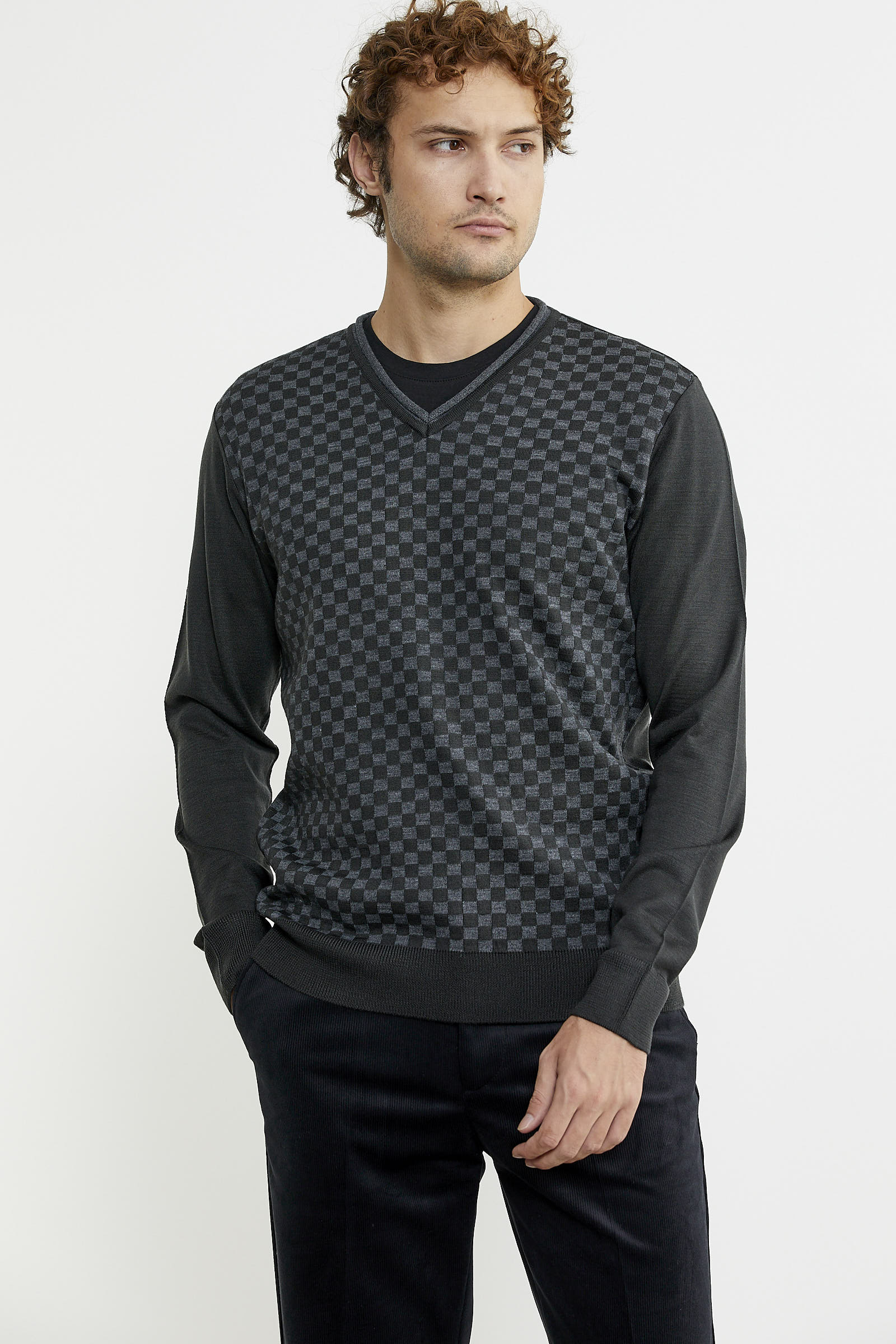 Kare Desenli Yünlü Jakarlı Triko Kazak - Antrasit - Sementa