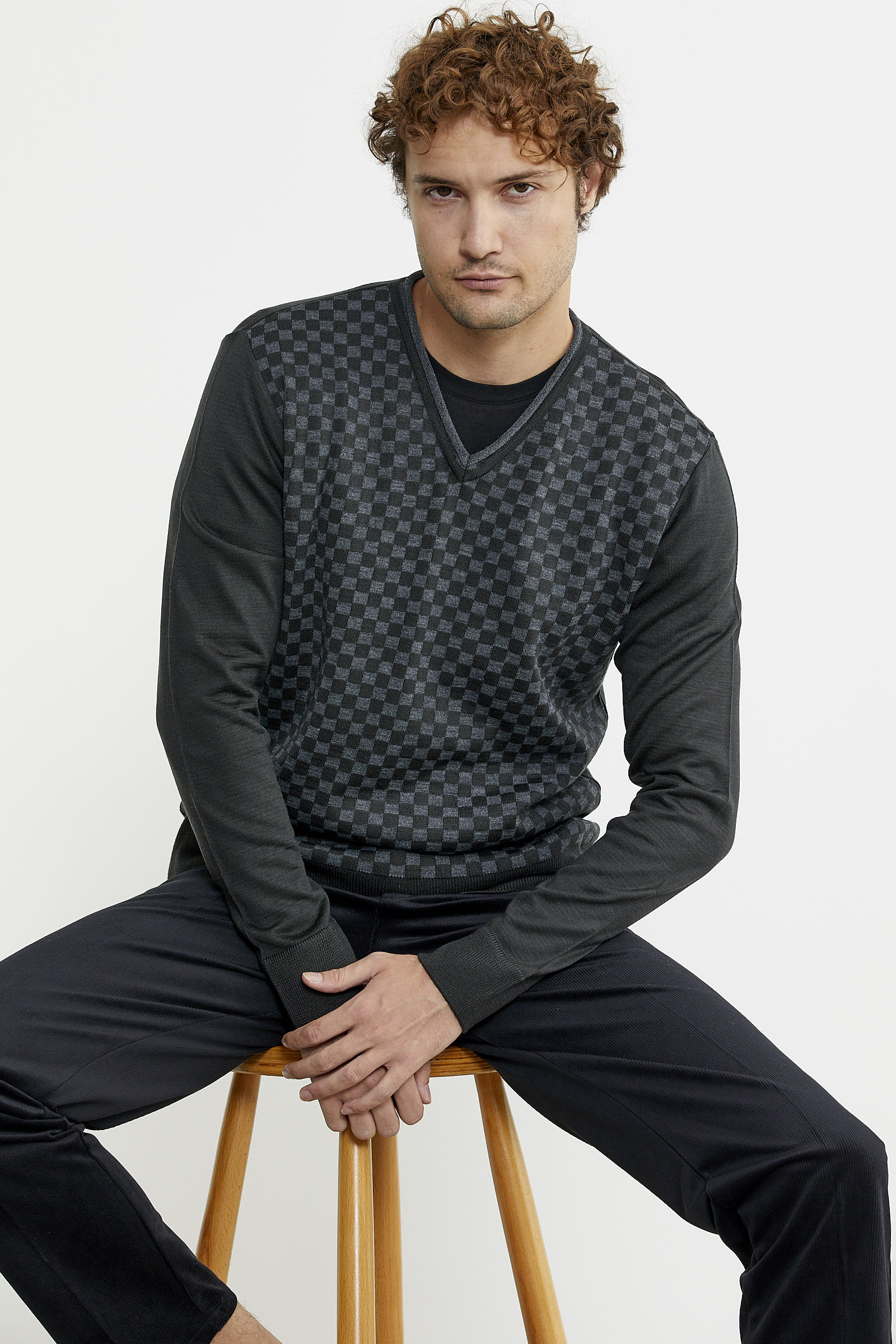 Kare Desenli Yünlü Jakarlı Triko Kazak - Antrasit - Sementa