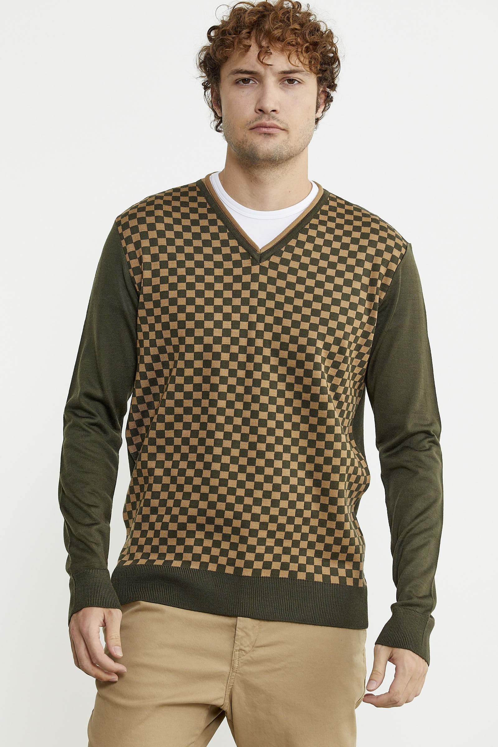 Kare Desenli Yünlü Jakarlı Triko Kazak - Haki - Sementa