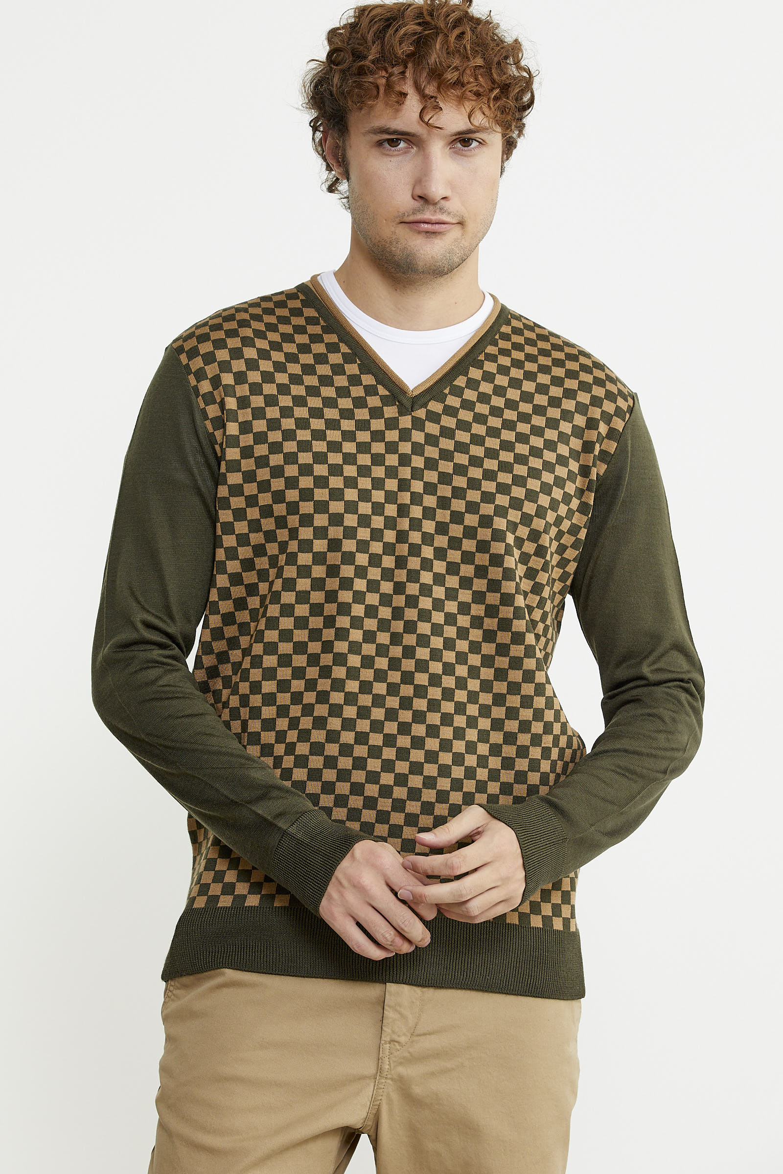 Kare Desenli Yünlü Jakarlı Triko Kazak - Haki - Sementa