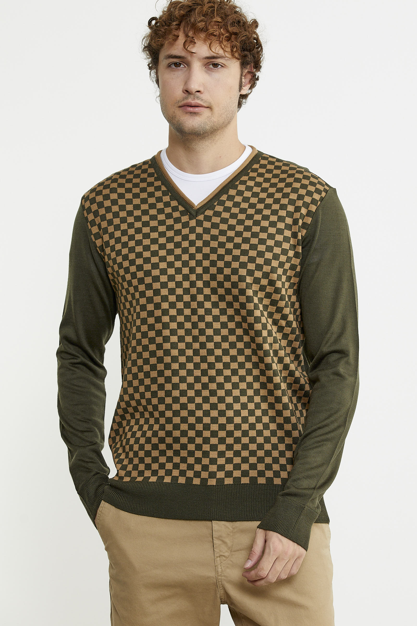 Kare Desenli Yünlü Jakarlı Triko Kazak - Haki - Sementa