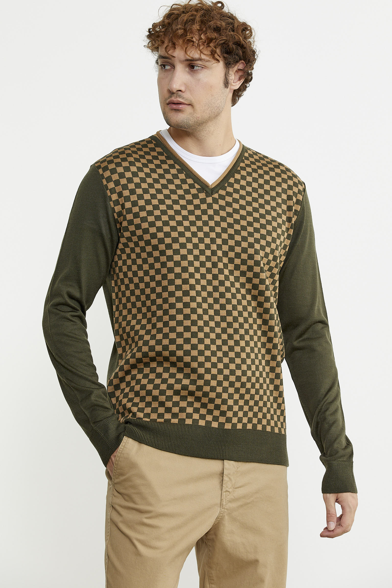 Kare Desenli Yünlü Jakarlı Triko Kazak - Haki - Sementa