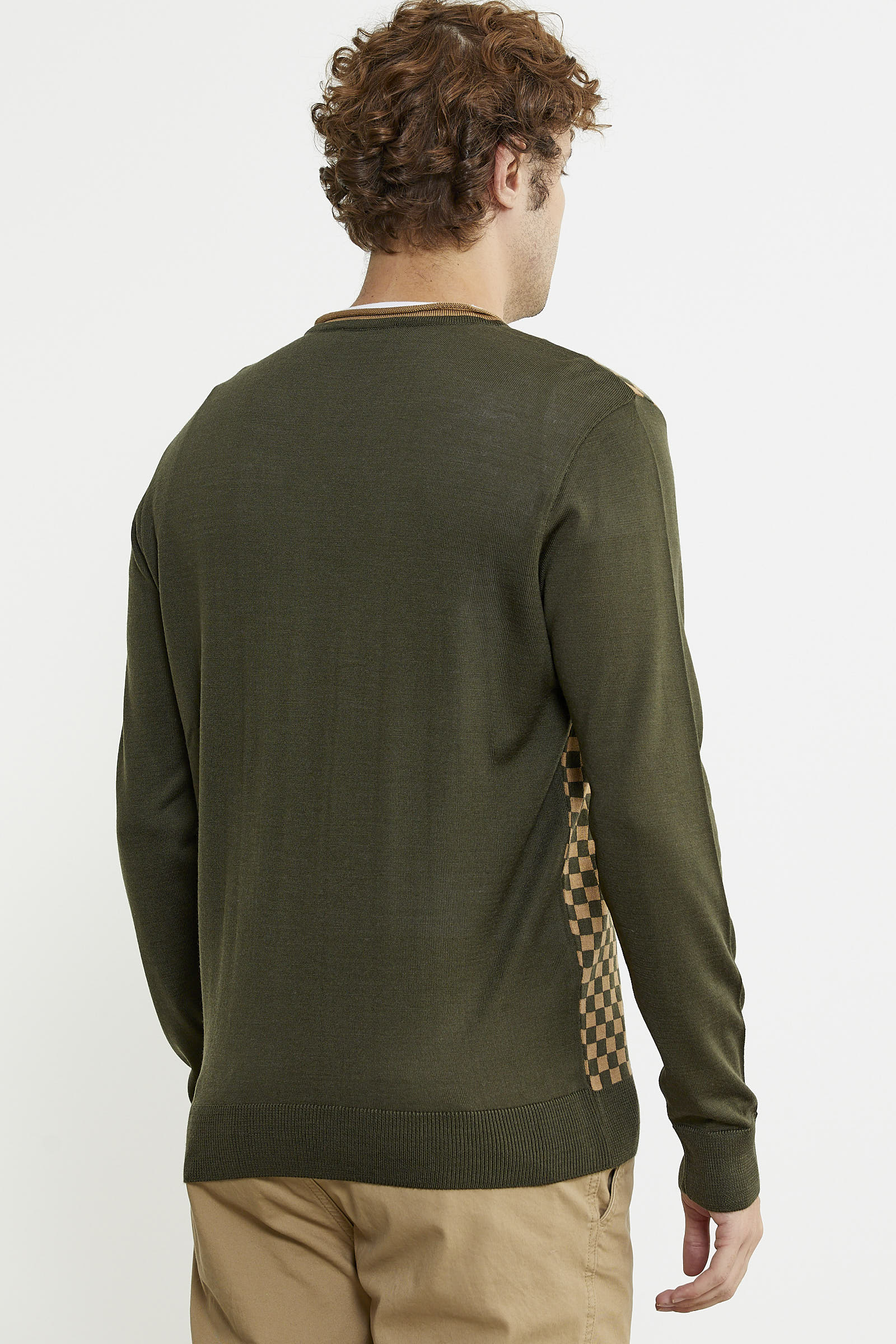 Kare Desenli Yünlü Jakarlı Triko Kazak - Haki - Sementa