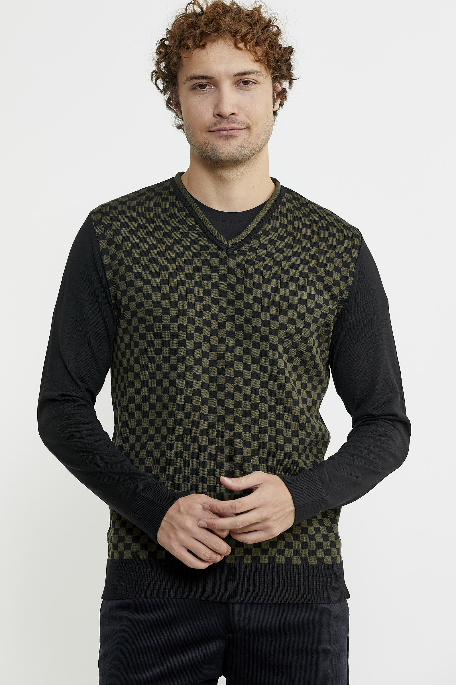 Kare Desenli Yünlü Jakarlı Triko Kazak - Siyah - Sementa