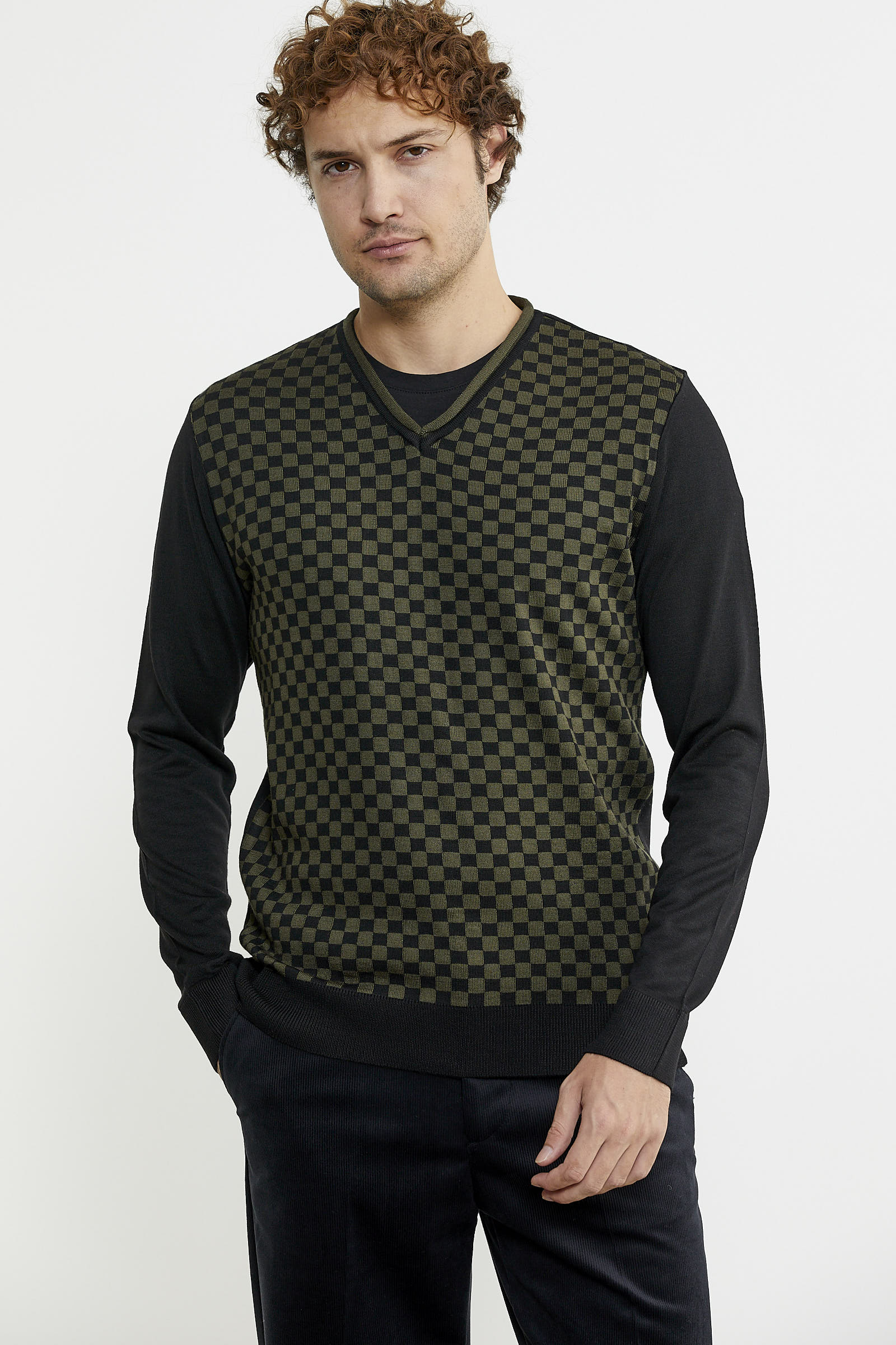 Kare Desenli Yünlü Jakarlı Triko Kazak - Siyah - Sementa