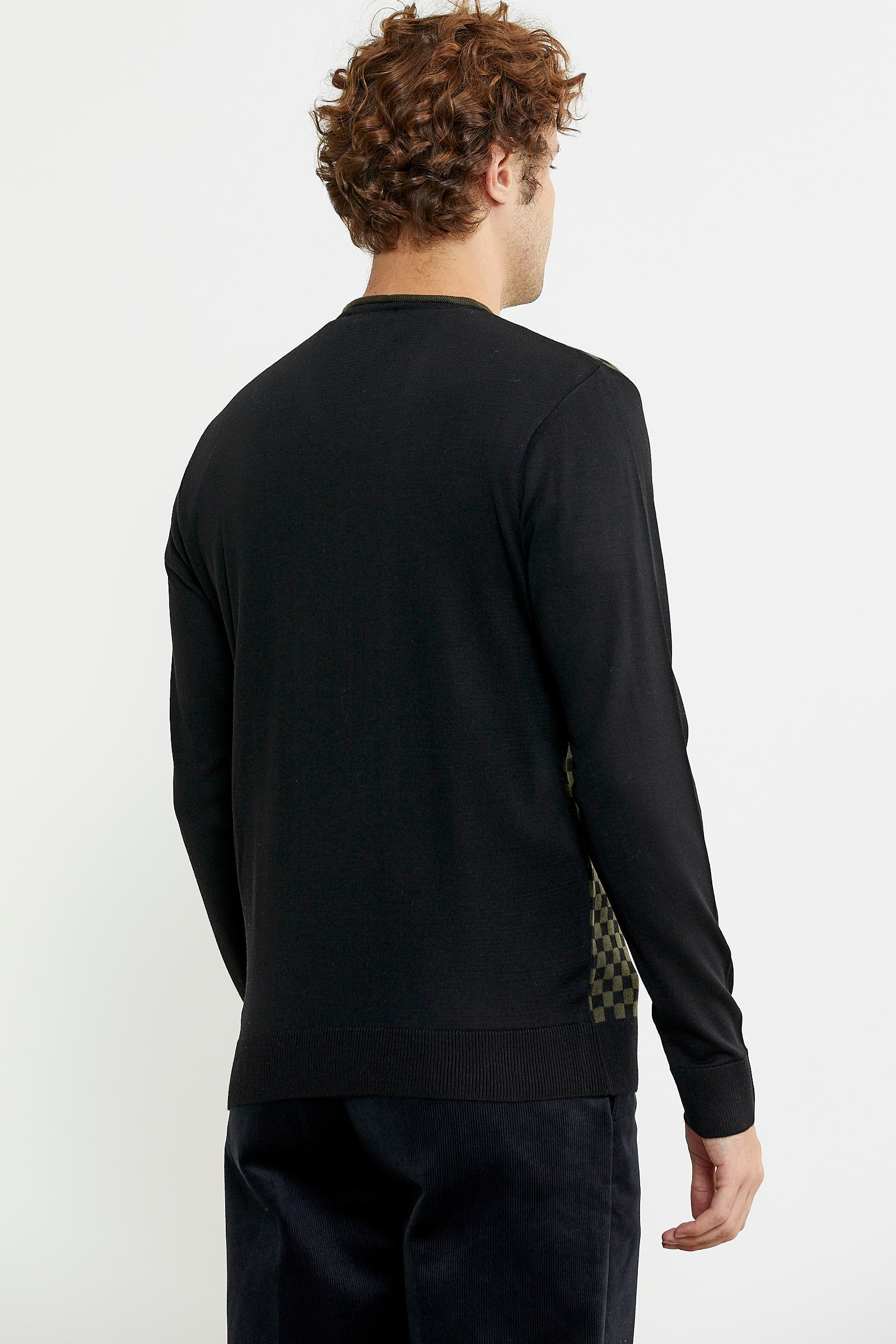 Kare Desenli Yünlü Jakarlı Triko Kazak - Siyah - Sementa