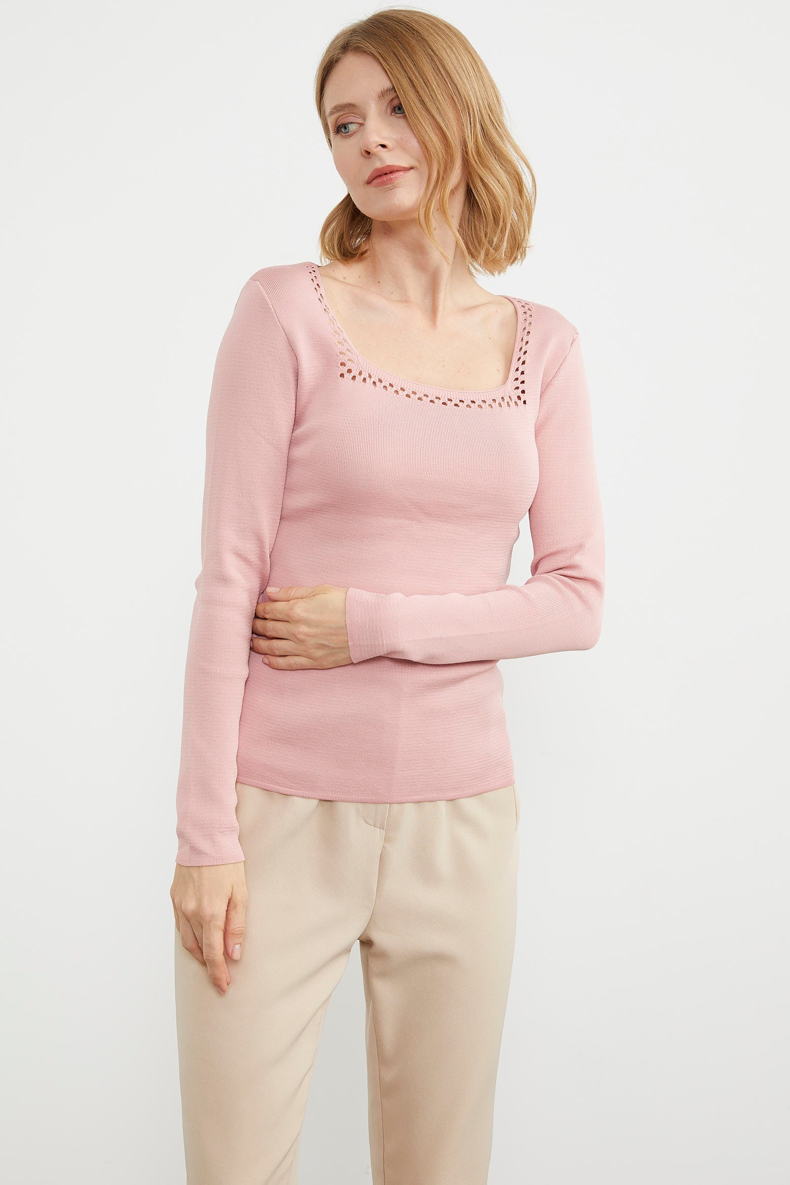 Kare Yaka Basic Triko Kazak - Gül (5) Sementa