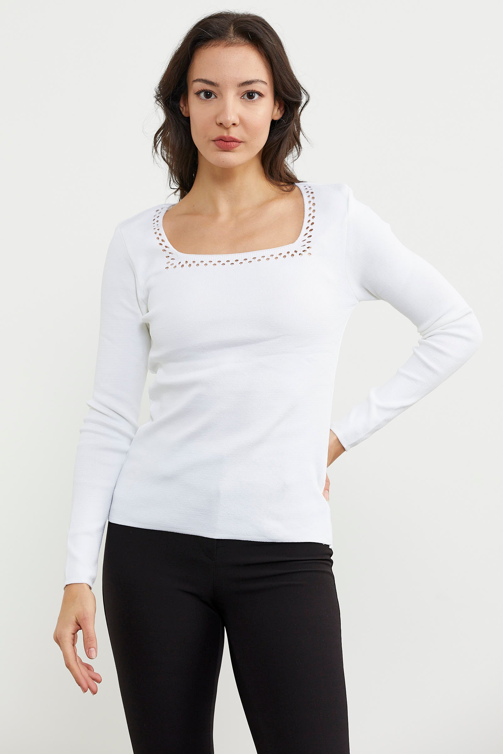 Kare Yaka Basic Triko Kazak - Kemik (2) Sementa