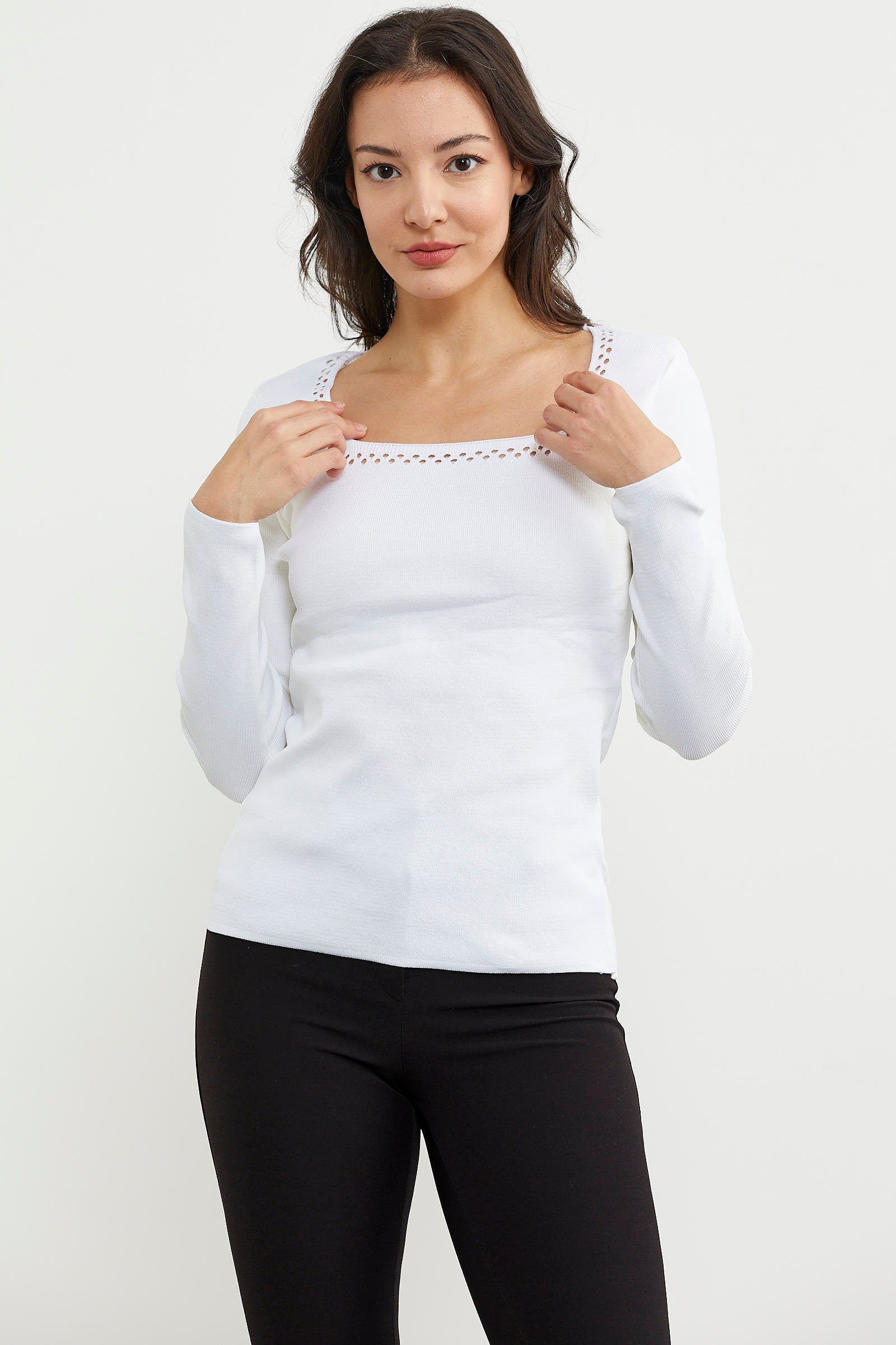 Kare Yaka Basic Triko Kazak - Kemik (3) Sementa