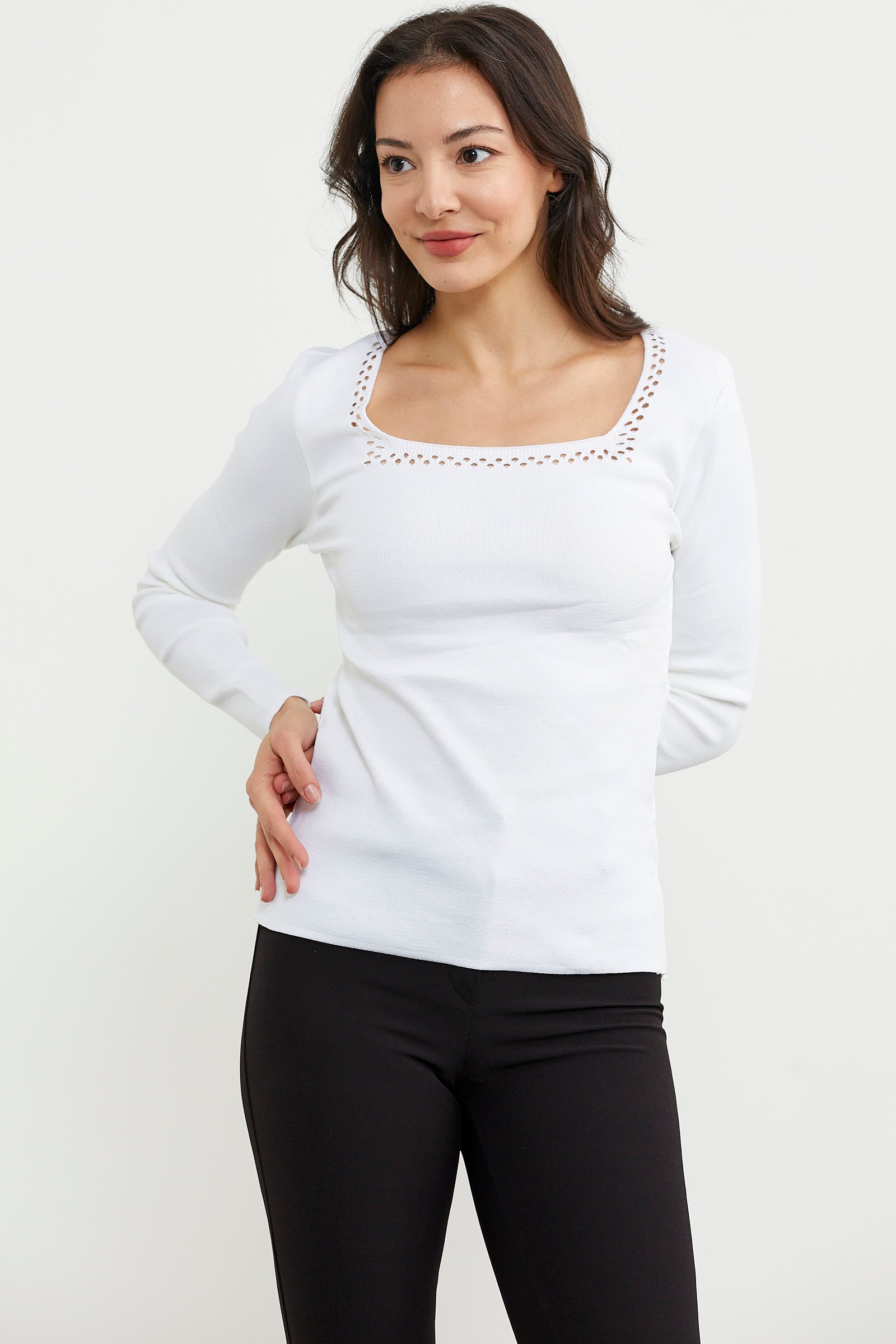 Kare Yaka Basic Triko Kazak - Kemik (4) Sementa