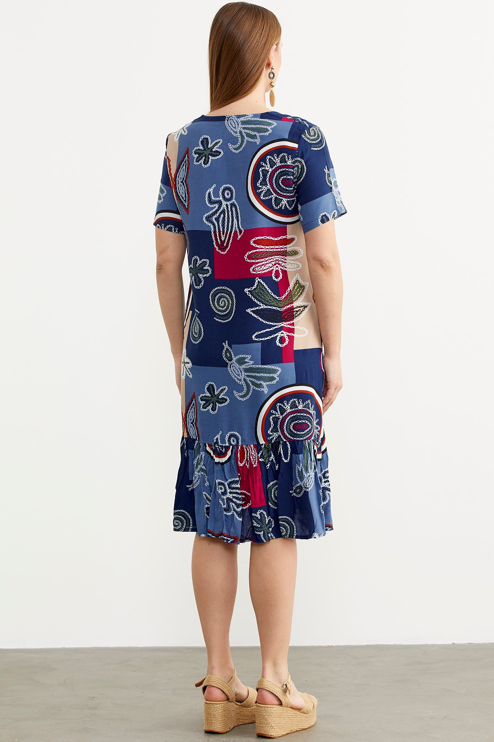 Kare Yaka Dökümlü Viskon Elbise - Lacivert (6) Sementa