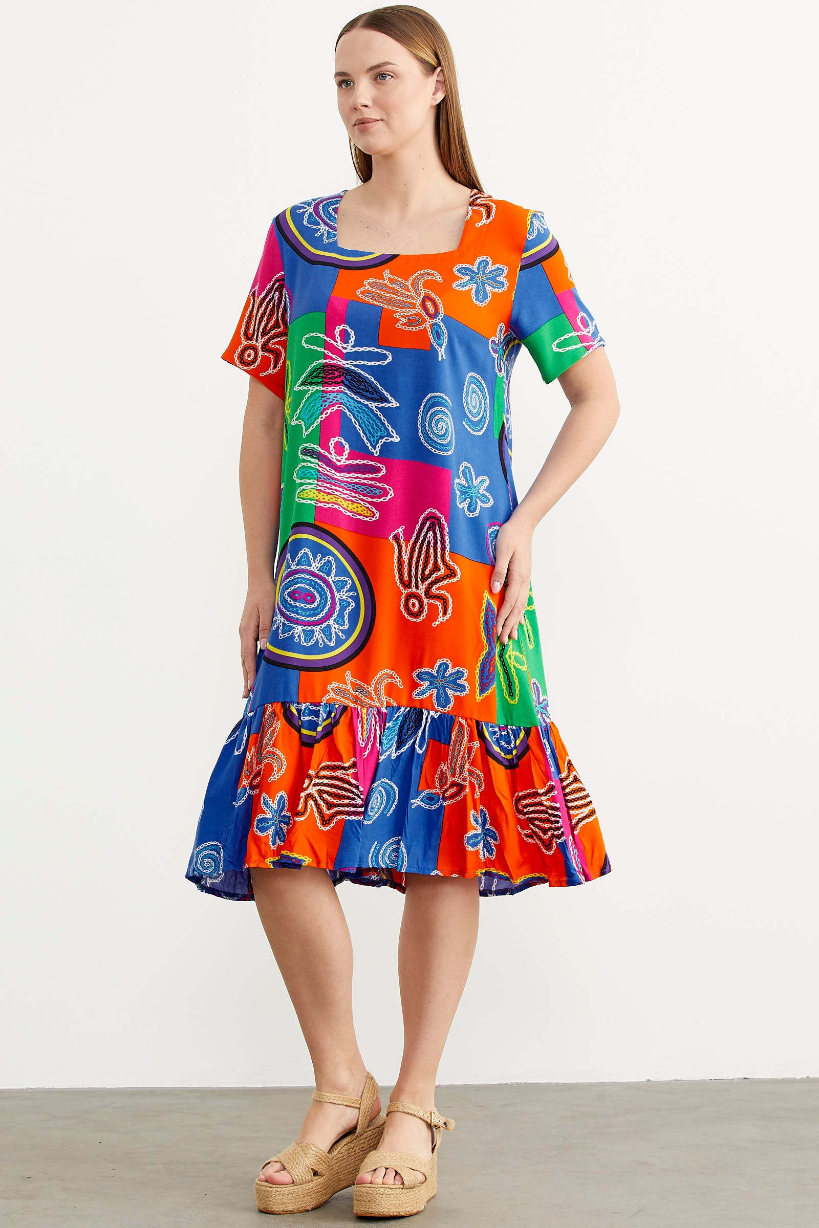 Kare Yaka Dökümlü Viskon Elbise - Yeşil (3) Sementa