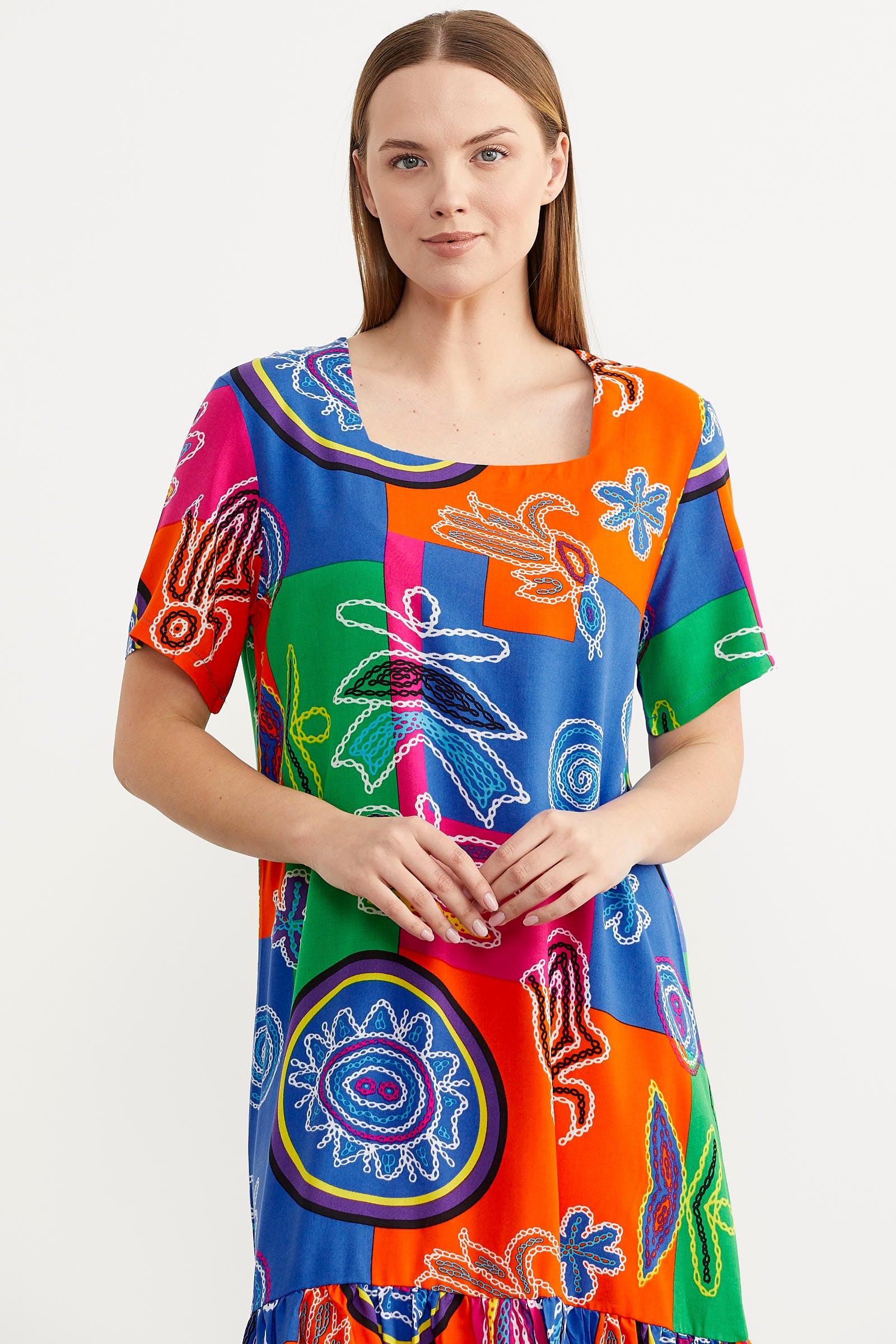 Kare Yaka Dökümlü Viskon Elbise - Yeşil (5) Sementa