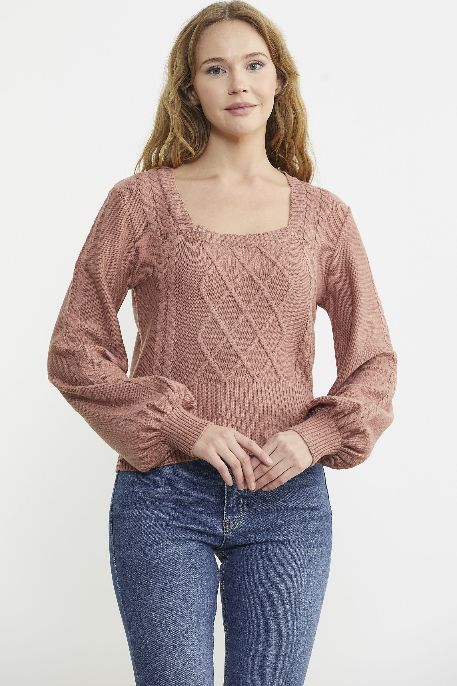 Kare Yaka Geniş Kol Triko Kazak - Gül - Sementa