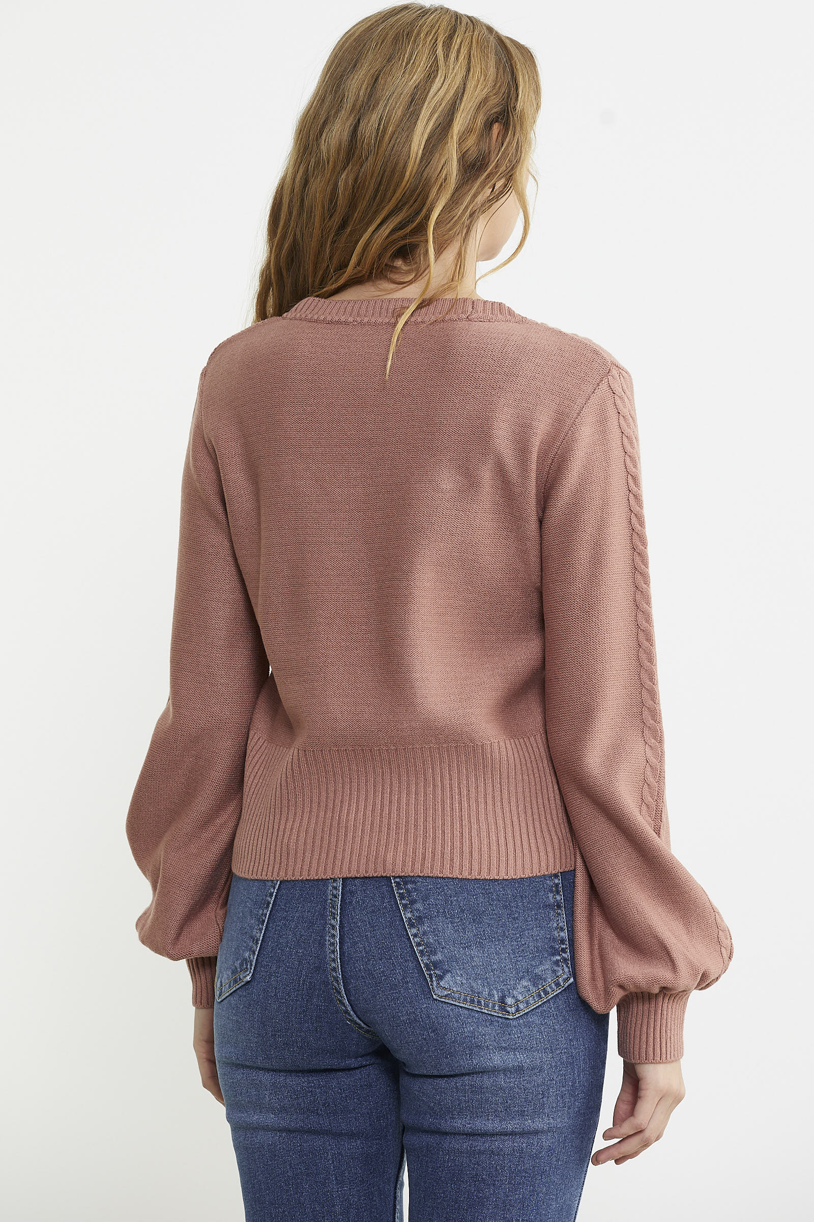 Kare Yaka Geniş Kol Triko Kazak - Gül - Sementa