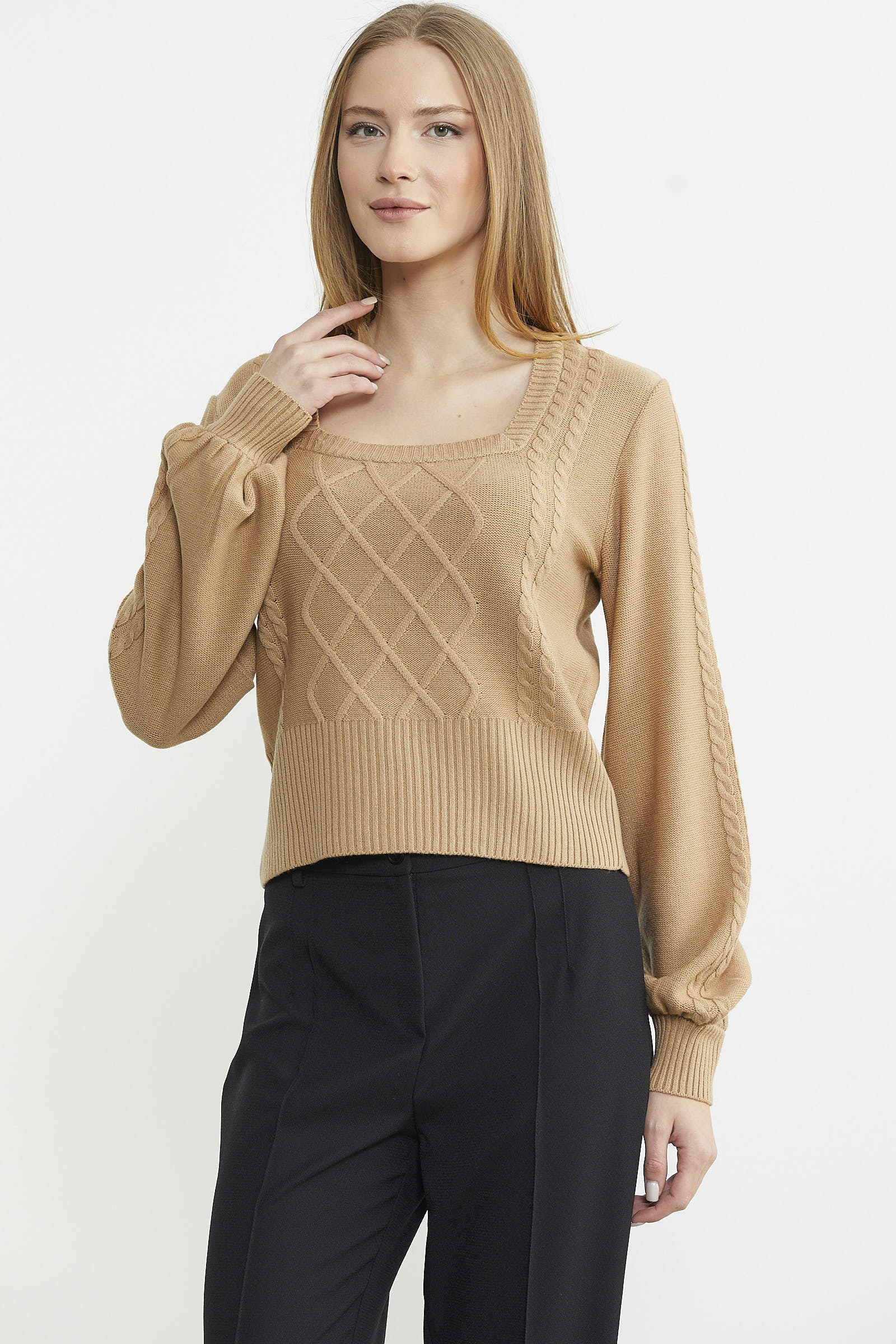 Kare Yaka Geniş Kol Triko Kazak - Kamel - Sementa