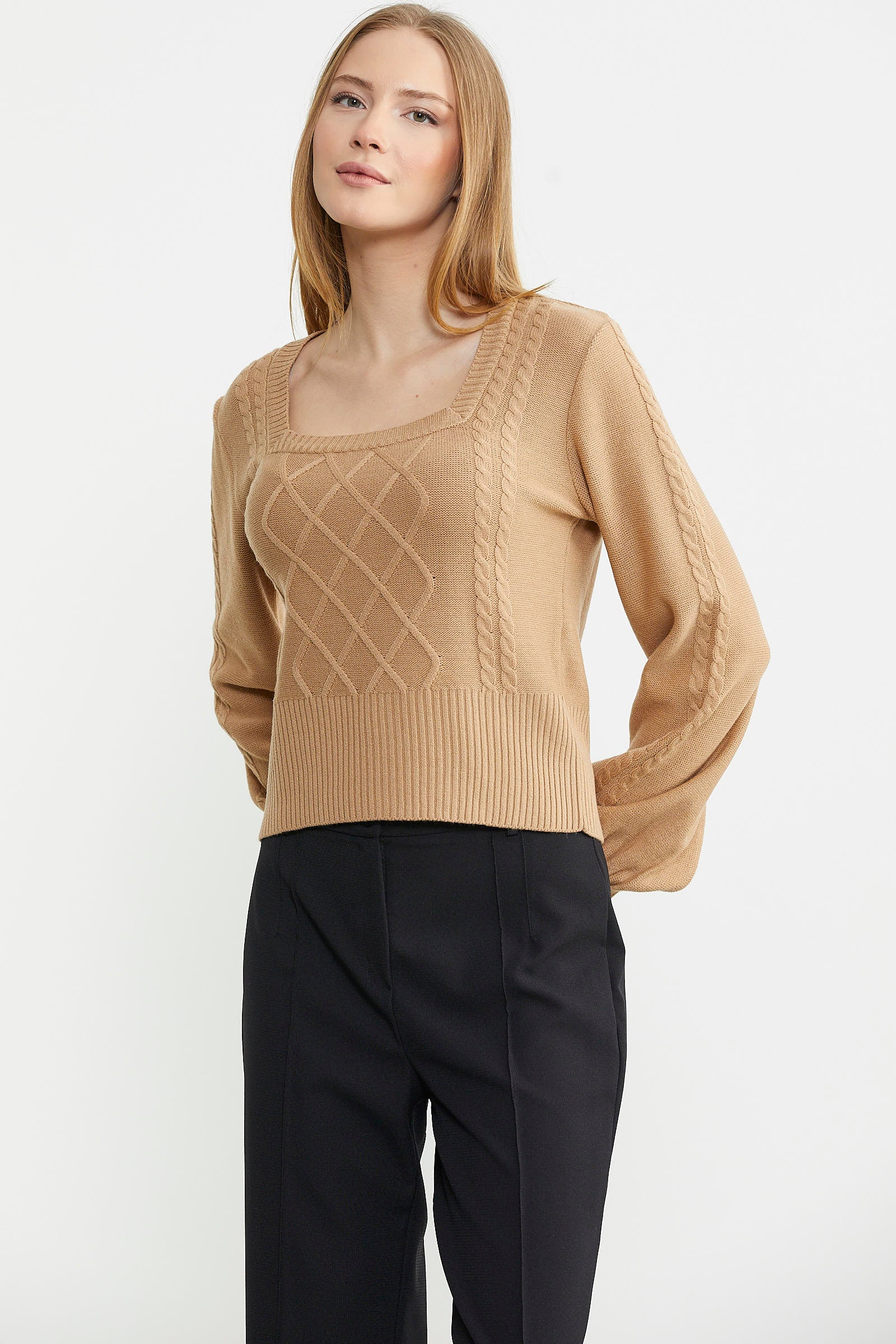 Kare Yaka Geniş Kol Triko Kazak - Kamel - Sementa