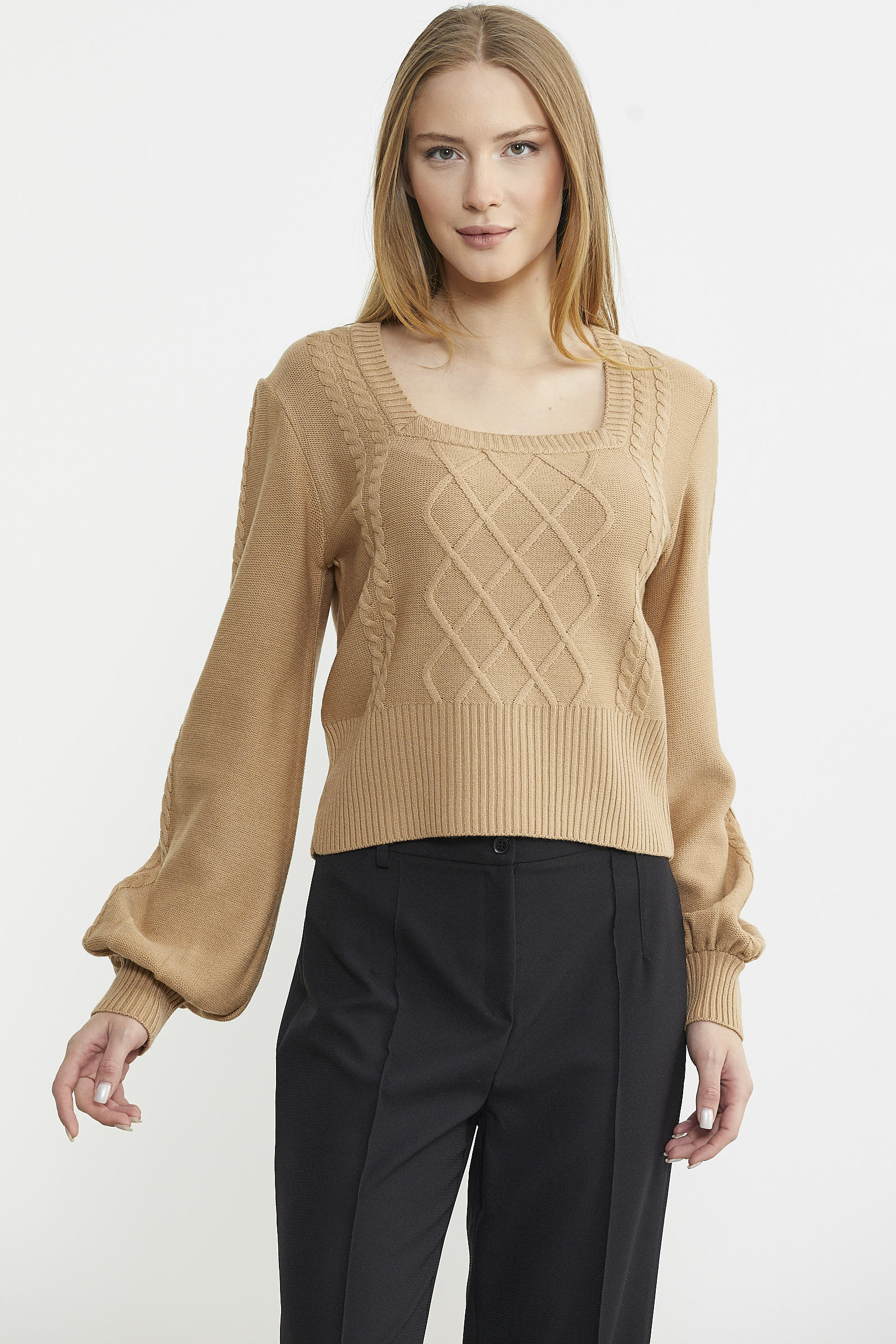 Kare Yaka Geniş Kol Triko Kazak - Kamel - Sementa