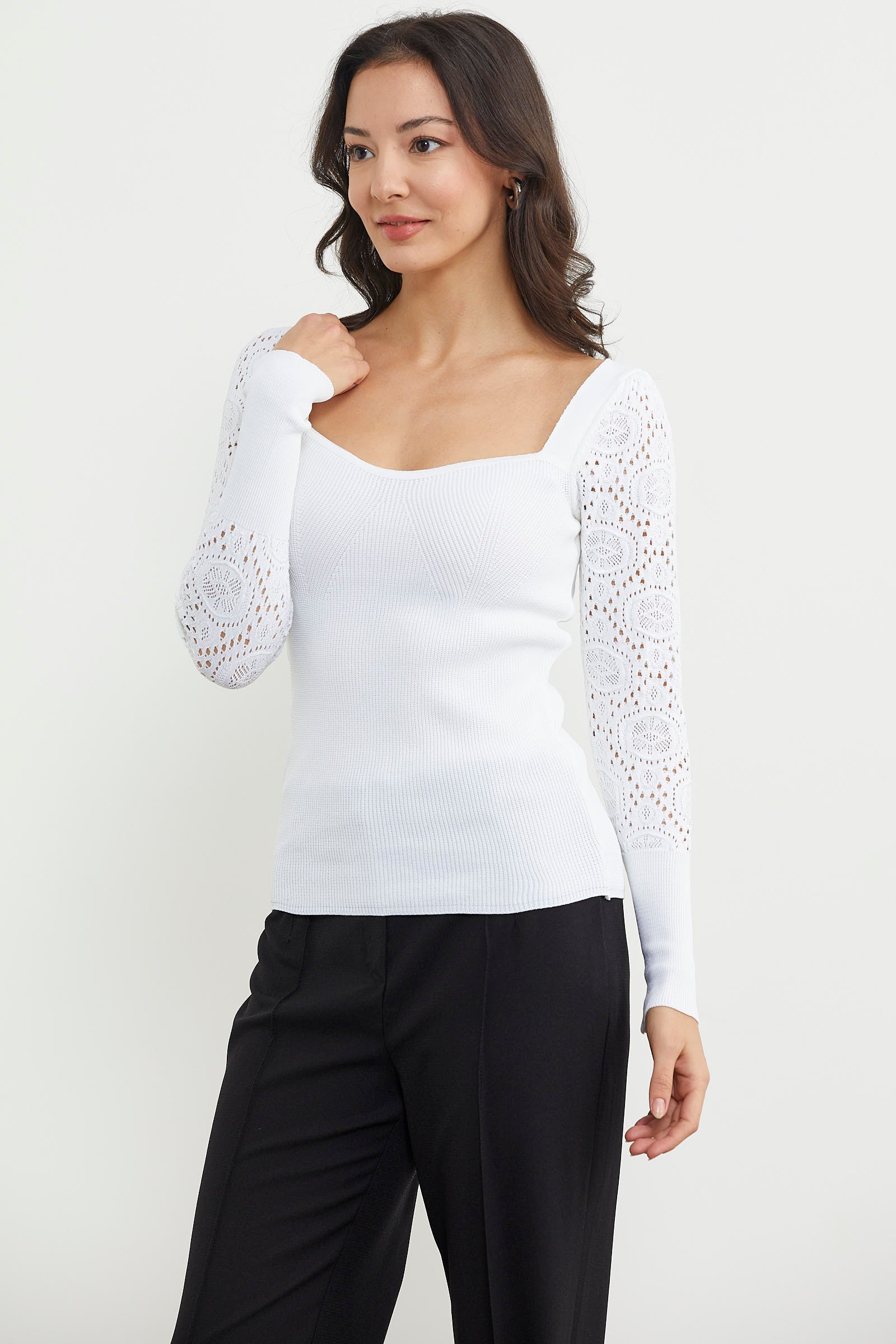 Kare Yaka Kolu Desenli Triko Kazak - Kemik (3) Sementa