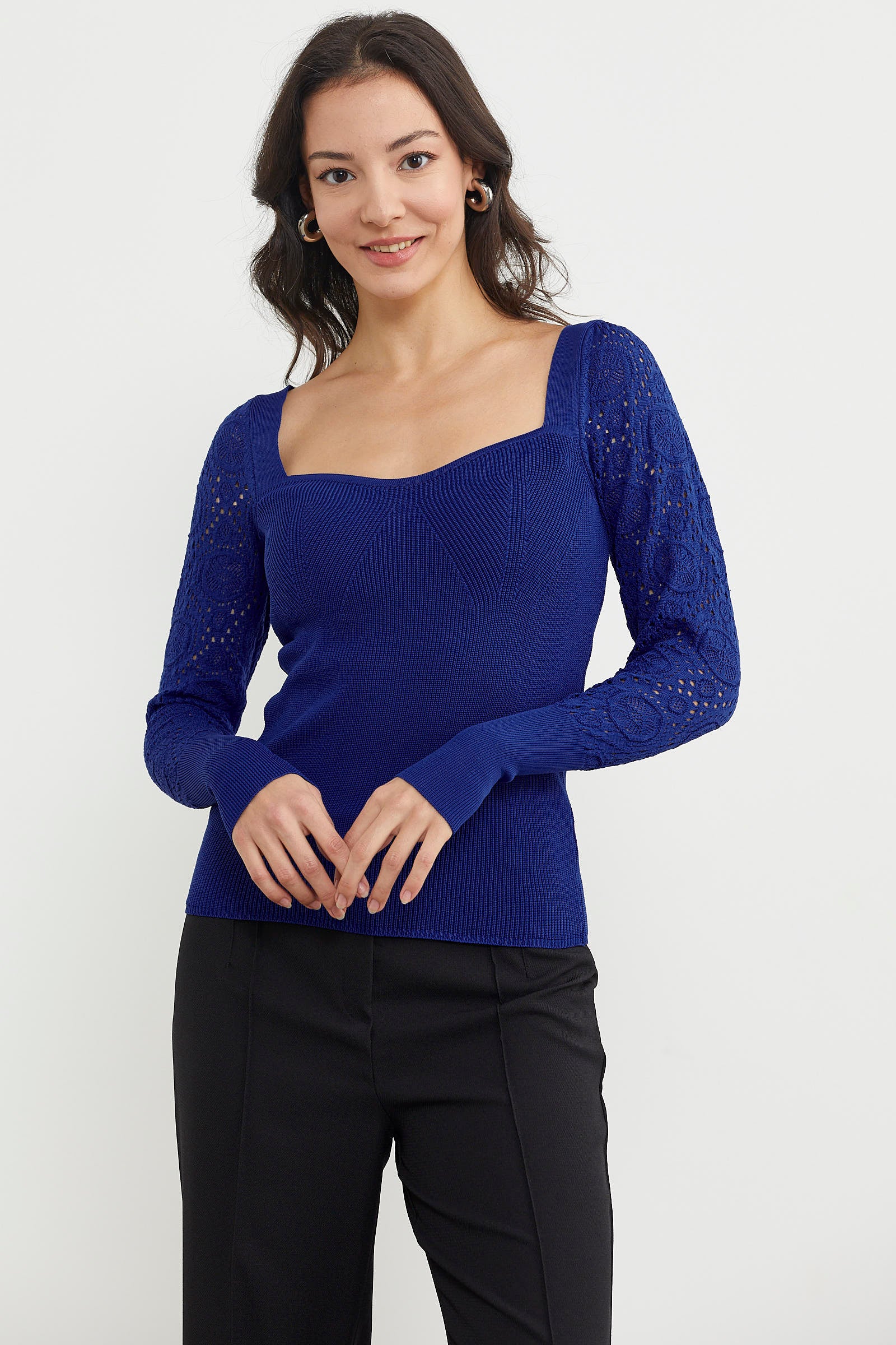 Kare Yaka Kolu Desenli Triko Kazak - Saks (4) Sementa