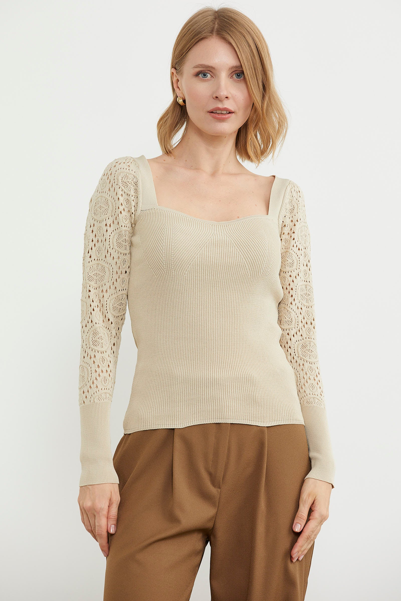 Kare Yaka Kolu Desenli Triko Kazak - Taş (1) Sementa