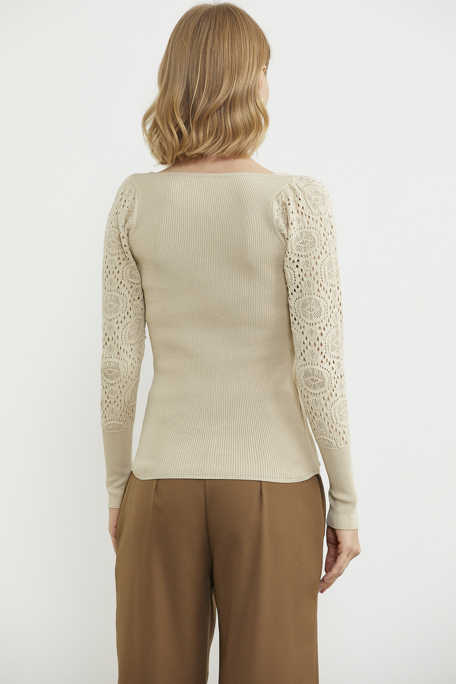 Kare Yaka Kolu Desenli Triko Kazak - Taş (7) Sementa