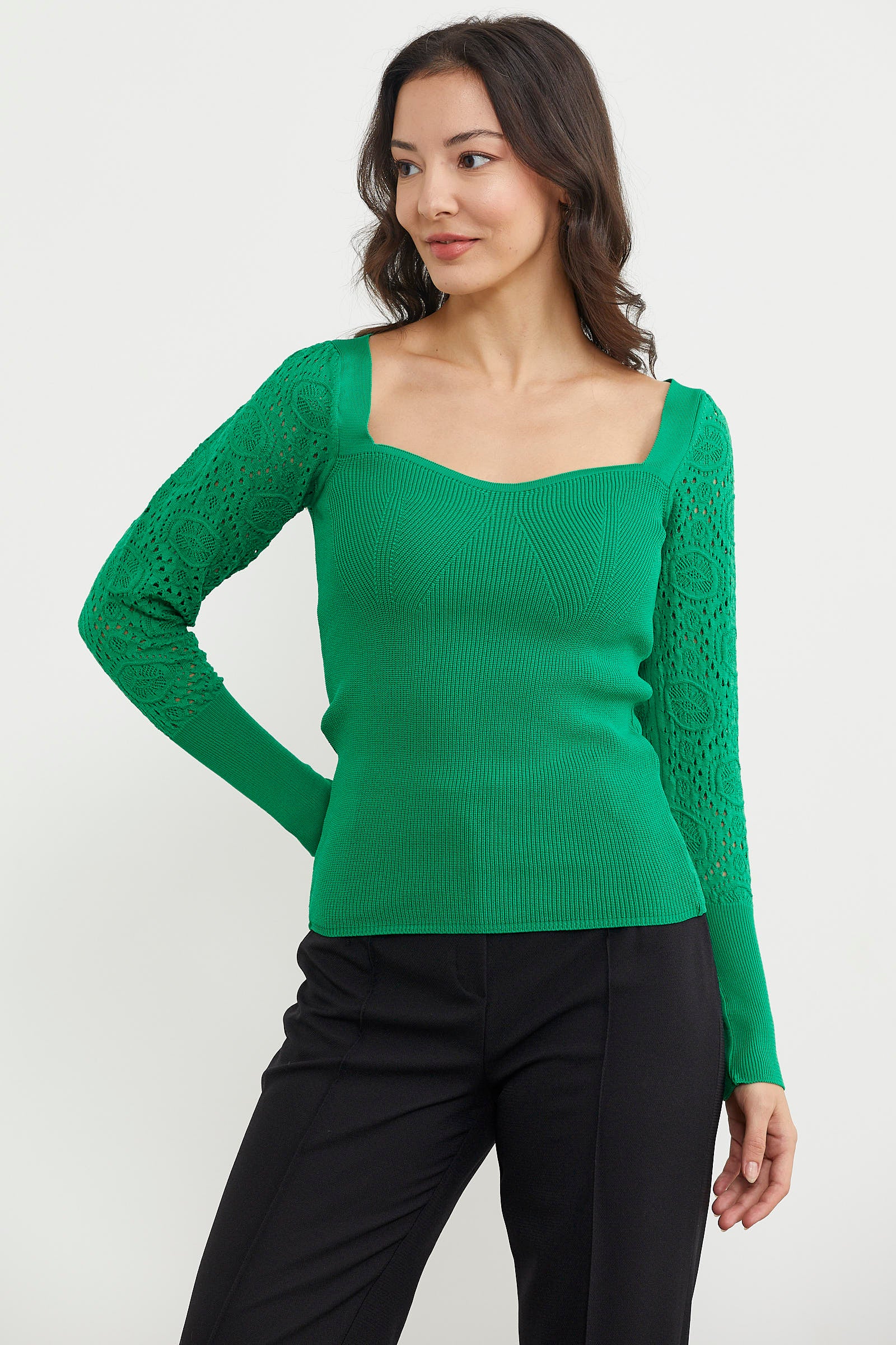 Kare Yaka Kolu Desenli Triko Kazak - Yeşil (3) Sementa