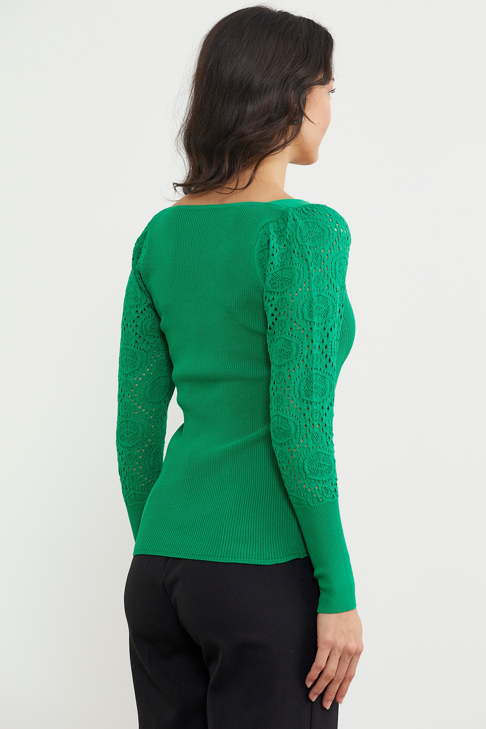 Kare Yaka Kolu Desenli Triko Kazak - Yeşil (6) Sementa
