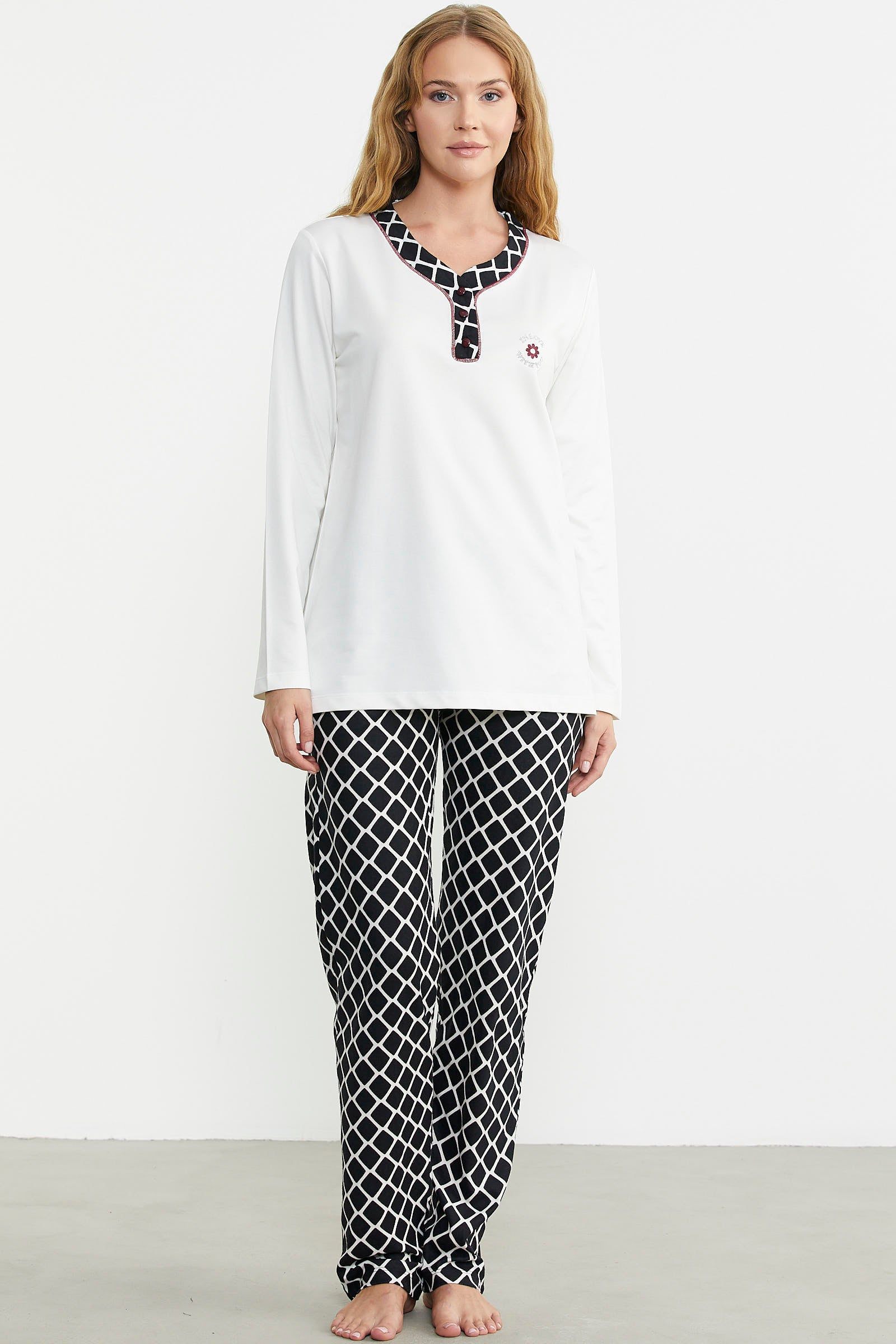 Kareli Çift Renk Pijama Takım - Ekru - Sementa