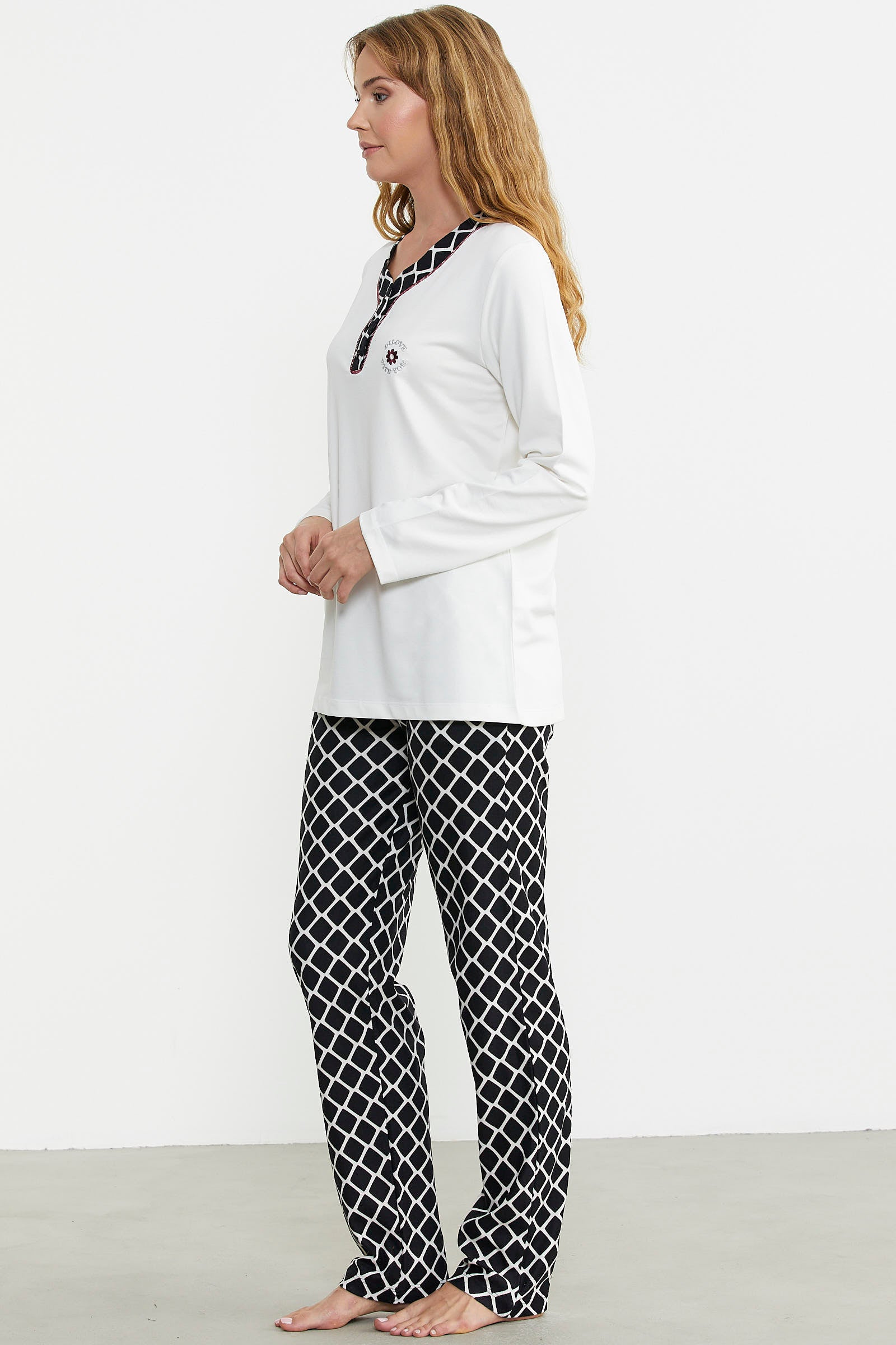 Kareli Çift Renk Pijama Takım - Ekru - Sementa